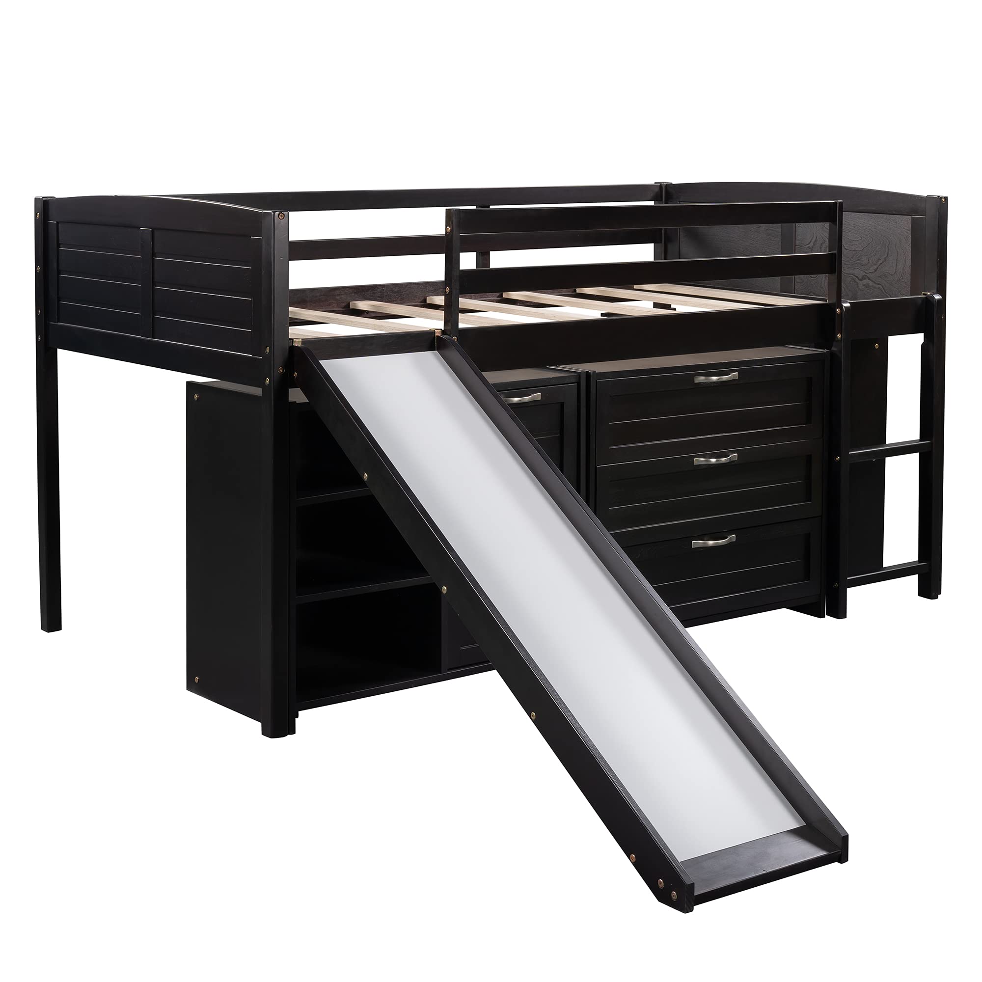 Harper & Bright Designs Solid Wood Low Twin Size Loft Bed with Slide, Drawers & Cabinet - Kids Bed Frame with Bookshelf for Bedroom, Living Room | Perfect for Small Spaces, Sleepovers & Play Areas