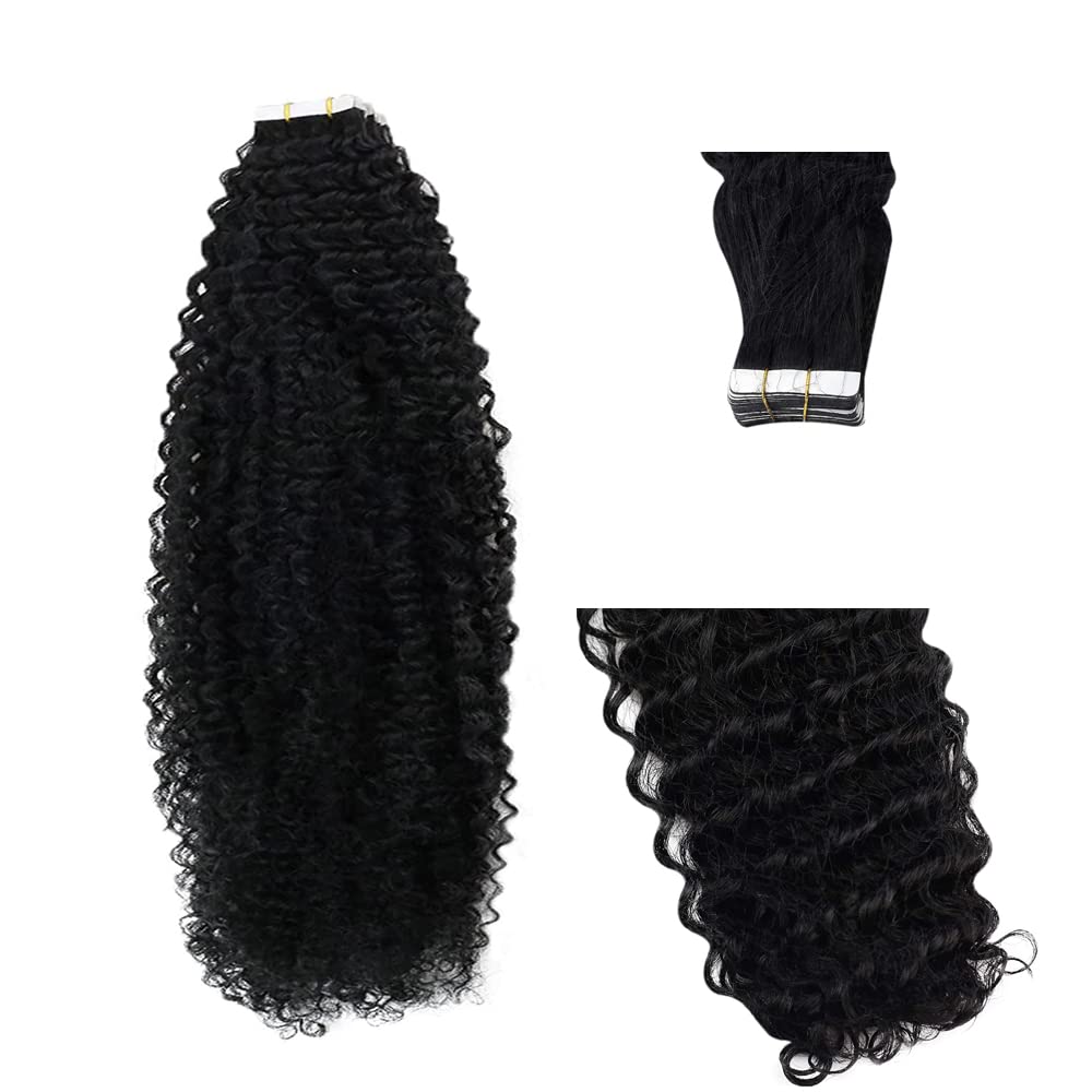 Black Kinky Curly Tape-In Hair Extensions 20 Inch 20PCS - 100% Real Human Hair #1B, Double Skin Weft with Thick Ends for Black Women | Perfect for Protective Styling, Weddings & Everyday Glam