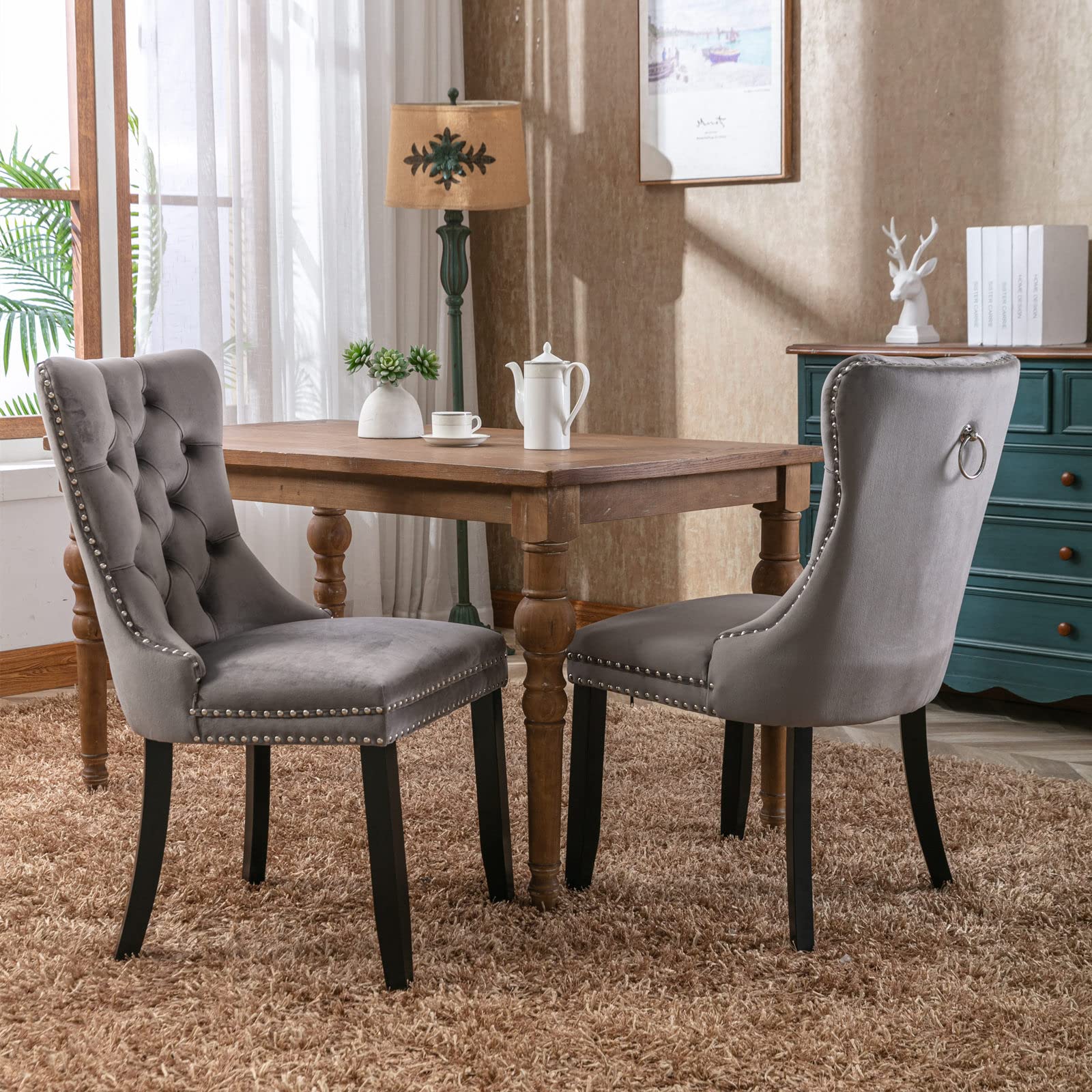 Rhomtree Set of 2 Velvet Dining Chairs - Luxury Tufted Back with Nailhead Trim & Ring Pull, Solid Rubberwood Legs (Grey/Black) for Kitchen, Dining Room & Home Decor
