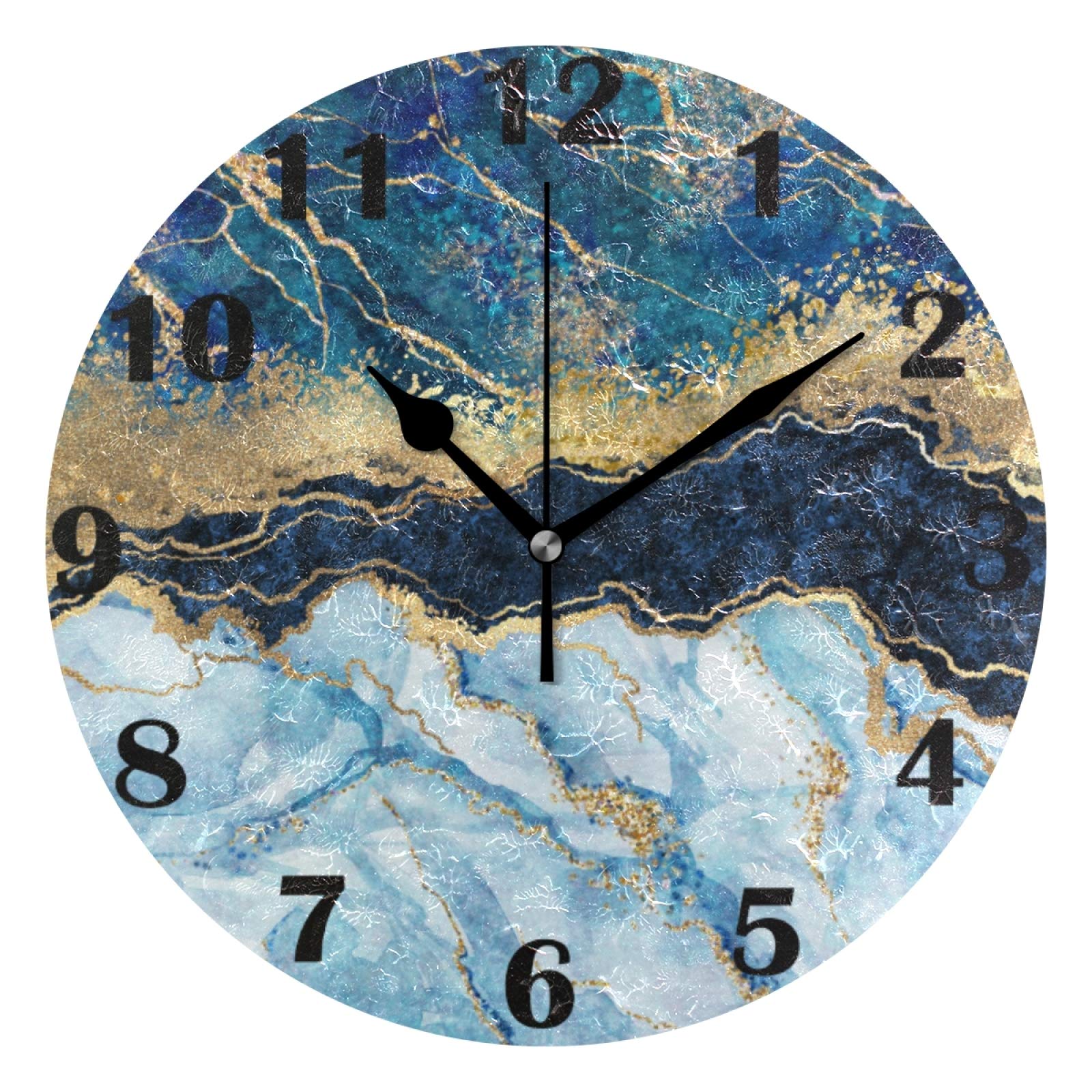 Abstract Blue Marble Wall Clock with Gold Foil & Stone Texture - 10 Inch Silent Non-Ticking Quartz Analog Clock - Battery Operated for Home, Bedroom, Living Room Decor - Perfect for Modern, Minimalist & Boho Interior Design Styles