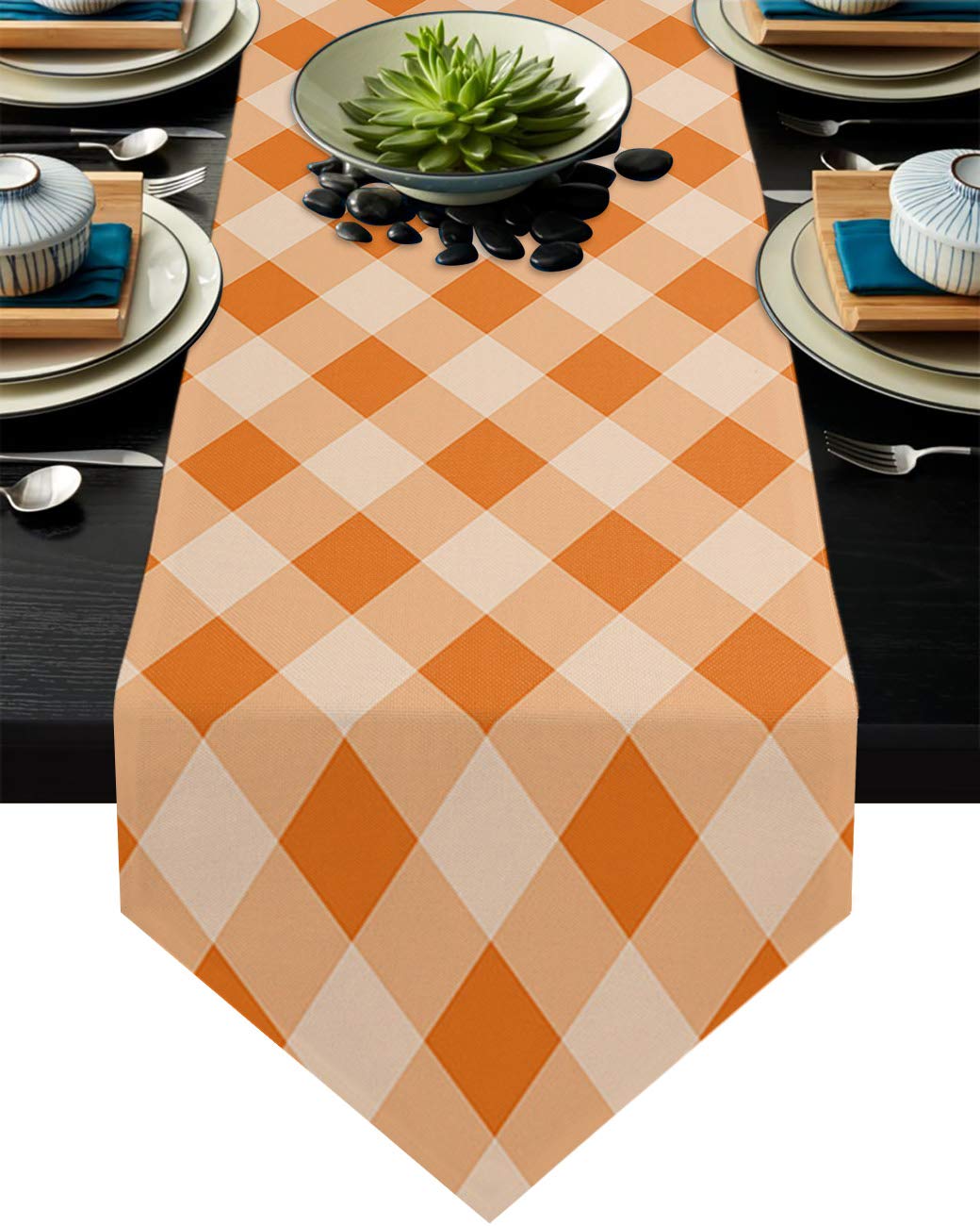 108-Inch Cotton & Linen Triangle Table Runner - Orange Checkered Table Scarf for Weddings, Graduations & Banquets (13x108 Inch) | Perfect for Dining Tables, Buffets & Event Decor