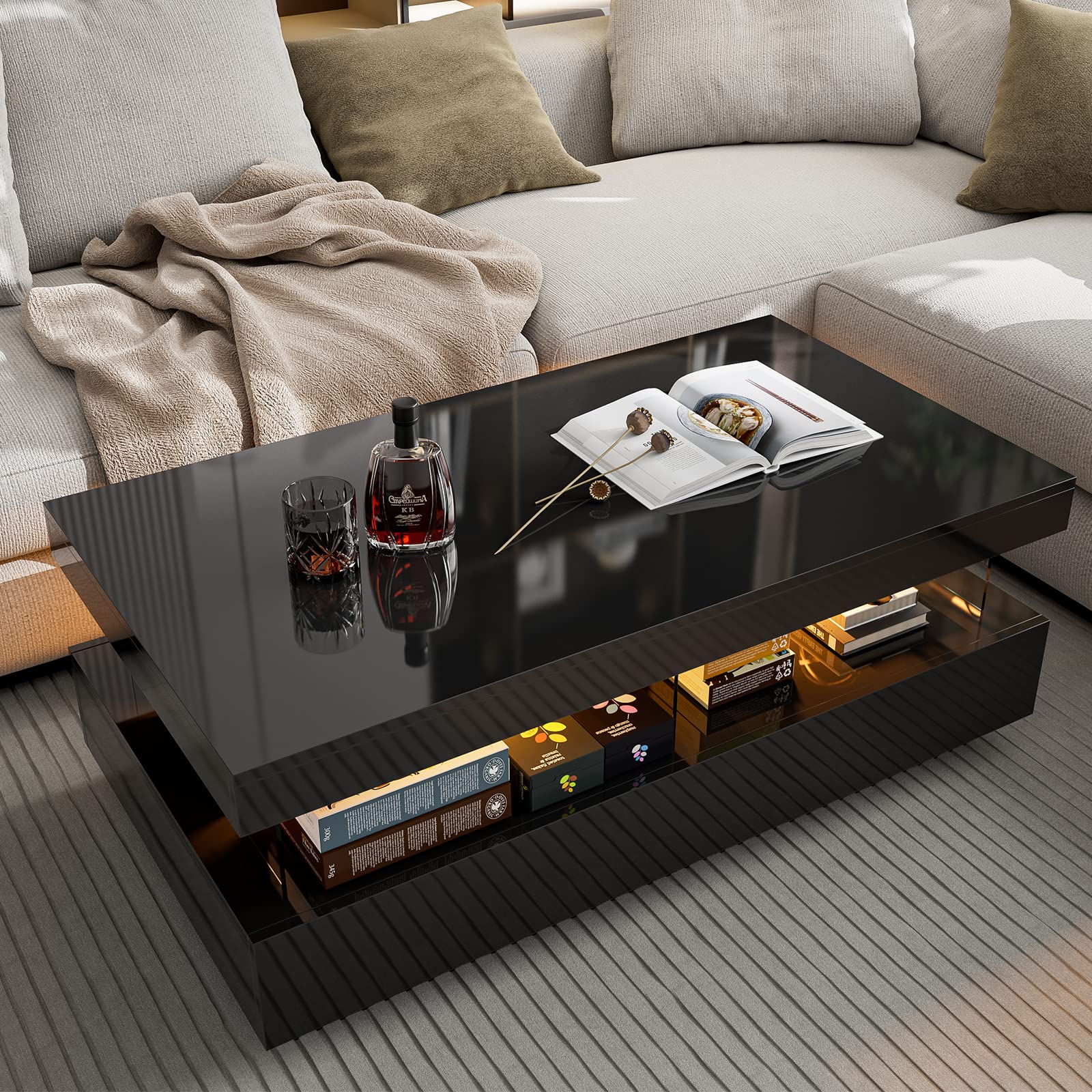 Modern Black Coffee Table with LED Lights & Storage Drawers - Living Room Centerpiece