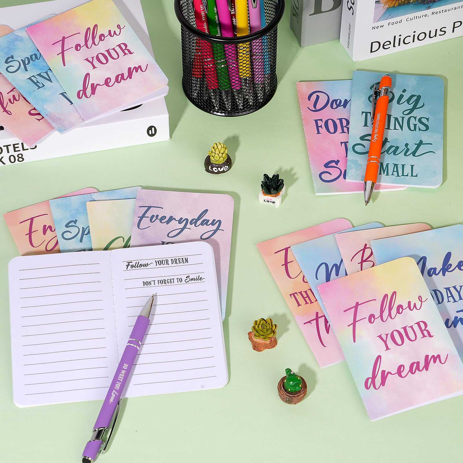48-Piece Motivational Watercolor Pens & Inspirational Notepads Set - Colorful Ballpoint Pens with Mini Journals for Kids, Students, Teachers - Perfect for School, Office, Gifts & Classroom Prizes - Boost Creativity & Productivity in Daily Writing, Note-Taking & Journaling