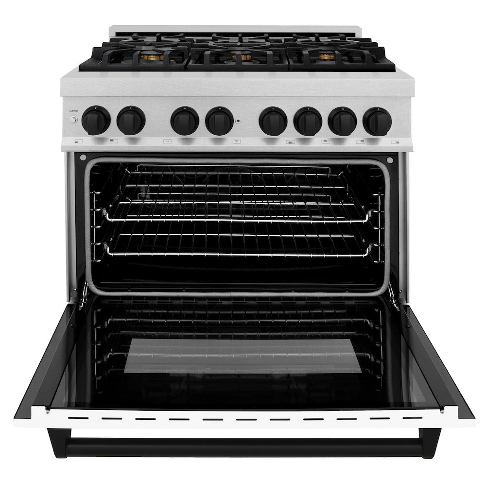ZLINE Autograph Edition 36-inch Dual Fuel Range - 4.6 cu. ft. Capacity, 6-Burner Gas Cooktop & Electric Convection Oven - Satin Stainless Steel with White Matte Door & Black Accents (RASZ WM 36 MB) - Perfect for Modern Kitchens, Home Chefs & Gourmet Cooking