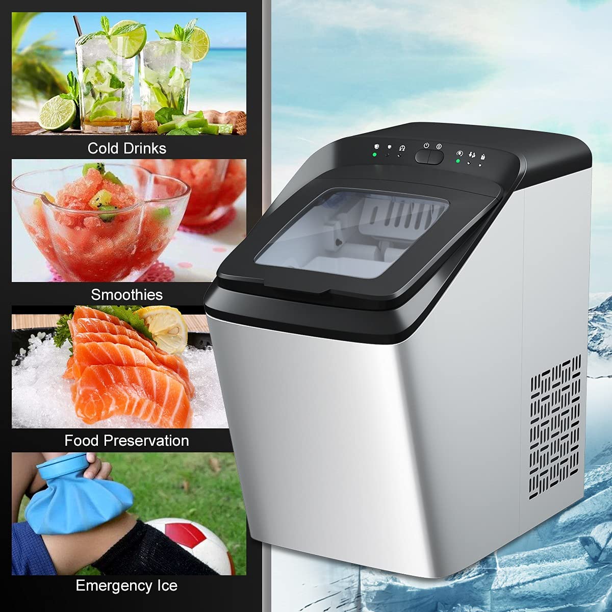 MAT EXPERT Stainless Steel Countertop Ice Maker - 33lbs/24H, Fast 7-Min Ice Making, Self-Cleaning Portable Ice Machine with Ice Scoop & Bucket - Perfect for Home Bars, Parties, Offices, and Outdoor Events