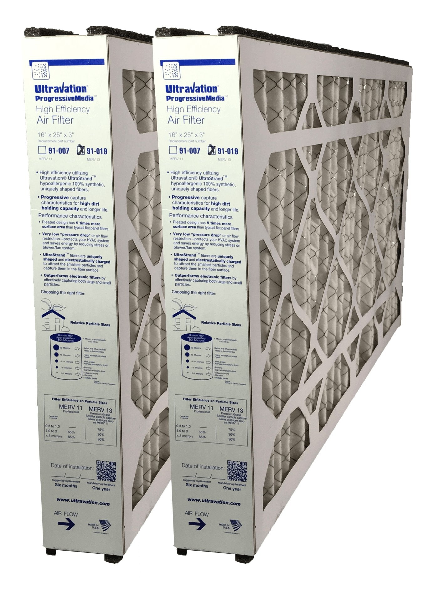 Ultravation 91 019 16x25x3 MERV 13 Replacement Furnace Air Filter - 2 Pack for Home HVAC System, AC Unit & Furnace - Improves Indoor Air Quality & Reduces Allergens