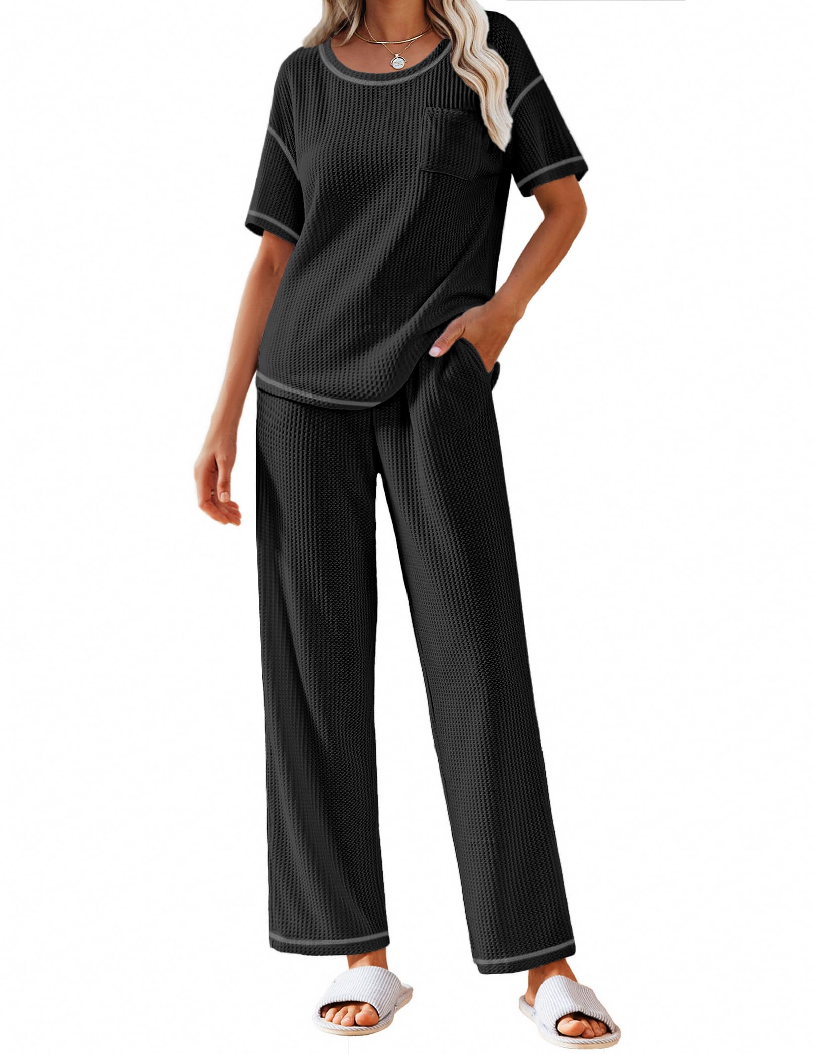 Ekouaer Women's Waffle Knit Lounge Set - Soft Short Sleeve Top & Comfy Long Pants Pajama Set with Pockets | Cozy 2-Piece Loungewear for Sleep, Relaxation & Home Wear
