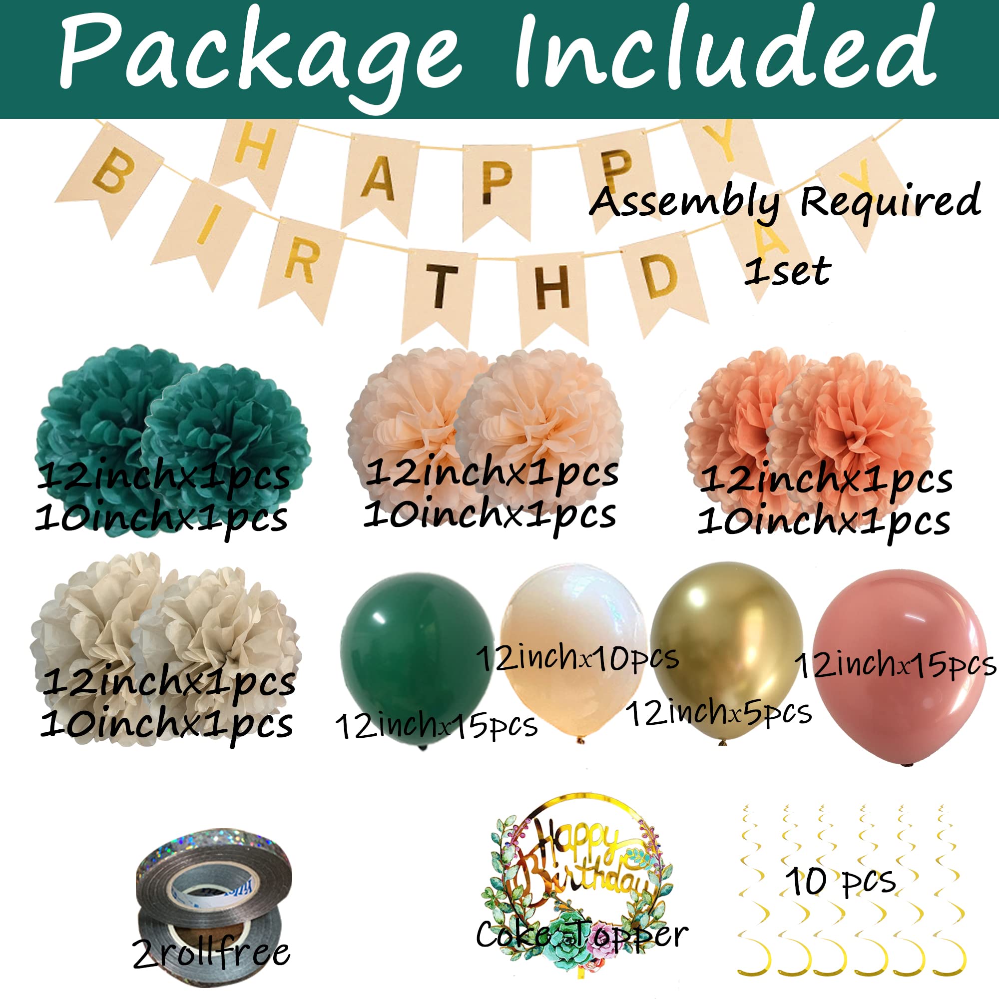 Elegant Emerald Green & Dusty Rose Pink Birthday Decorations Set for Women & Girls - Rustic Banner, Balloons, Floral Cake Topper - Perfect for Birthday Parties, Baby Showers & Special Celebrations