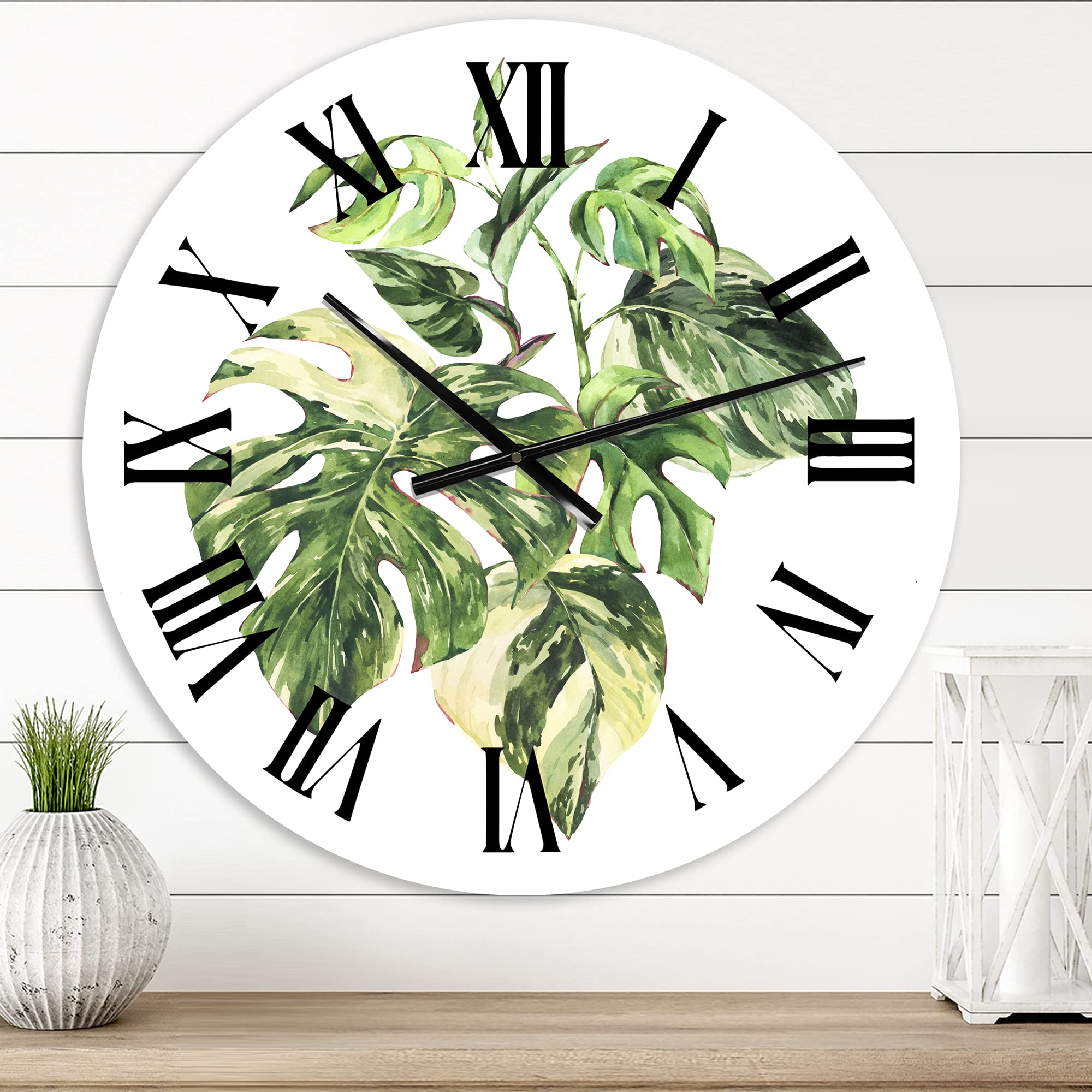 DesignQ Tropical Green Leaves Wall Clock - Large Floral Botanical Wall Decor for Bedroom, Living Room & Office | Summer-Themed Home Décor
