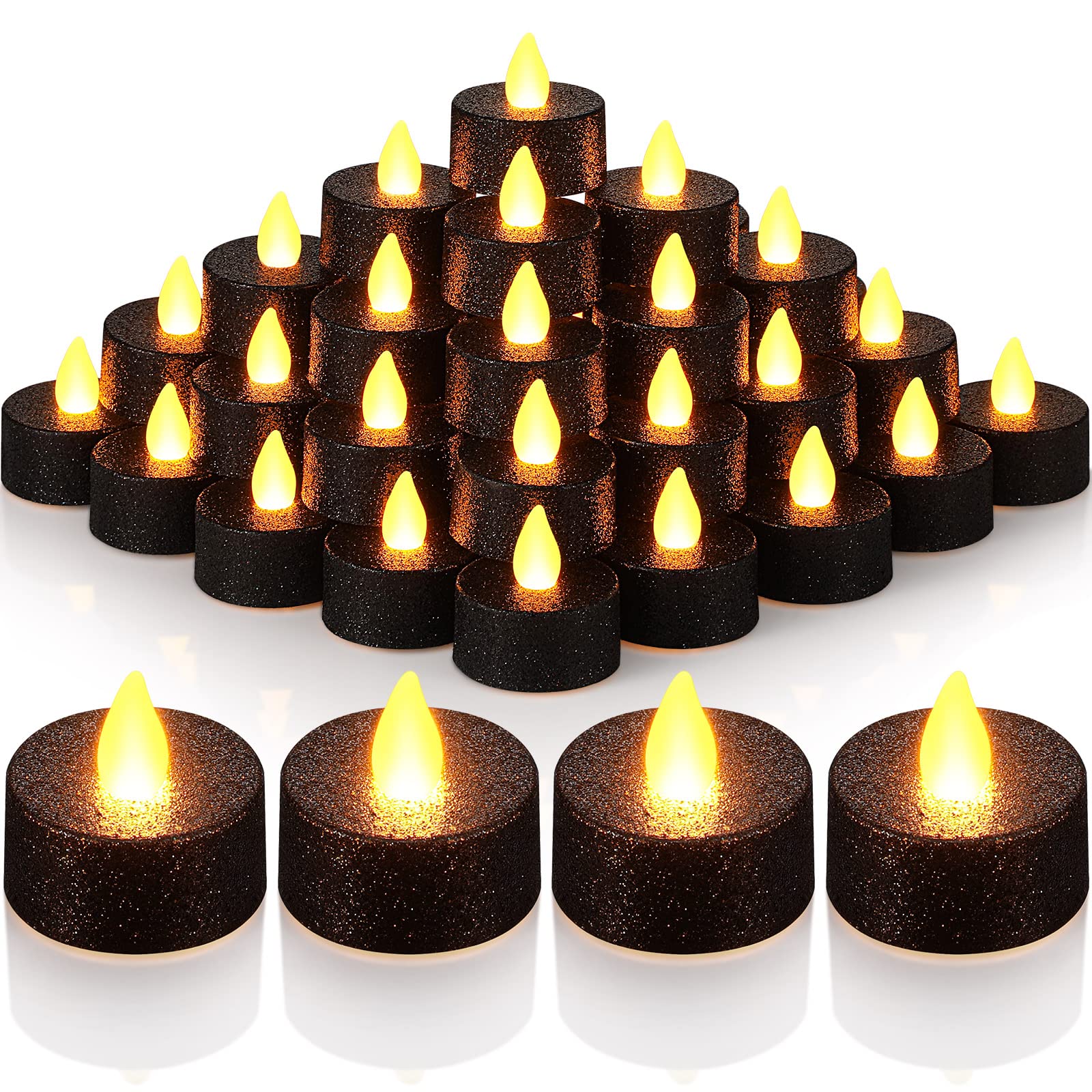 48 Pack Glitter LED Flameless Candles - Battery Operated Votive Tea Lights with Warm Yellow Glow - Perfect for Christmas, New Year, Wedding Centerpieces, Anniversary Party, Table Decorations (Black) - Create Festive Ambiance for Home, Restaurant, Spa & Romantic Dinners