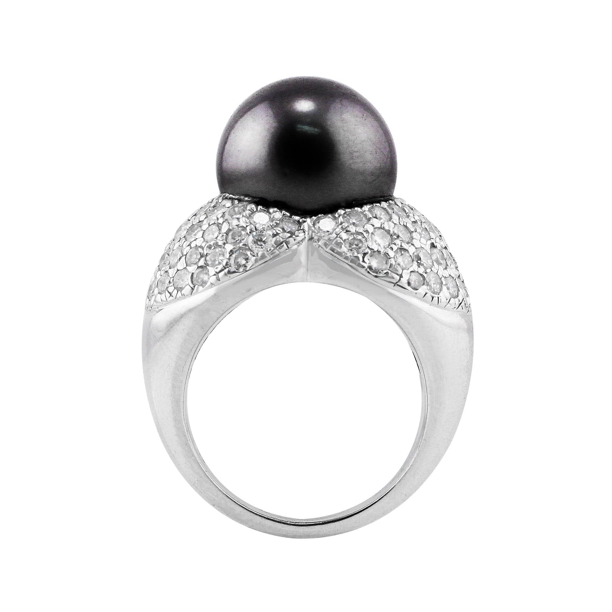 18K White Gold Tahitian Pearl and Pavé Diamond Ring for Women - Elegant Wedding, Engagement, Anniversary Gift - Perfect for Special Occasions and Evening Events