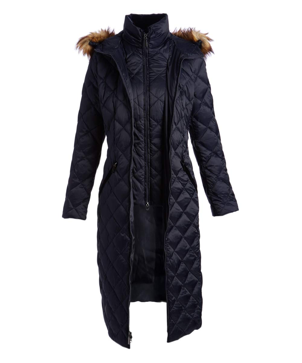 LAUNDRY BY SHELLI SEGAL Women's Faux Fur Trim Down Maxi Coat - Winter Warm Long Puffer Jacket for Cold Weather, Fashionable Outerwear for Street Style & Daily Wear