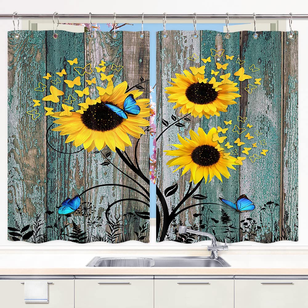 Sunflower Kitchen Curtains - Rustic Teal Wood Plank Farmhouse Valance with Yellow Floral Butterflies, 2 Panel Window Treatment with Hooks | Perfect for Country Style Kitchens, Dining Rooms & Cozy Farmhouse Decor