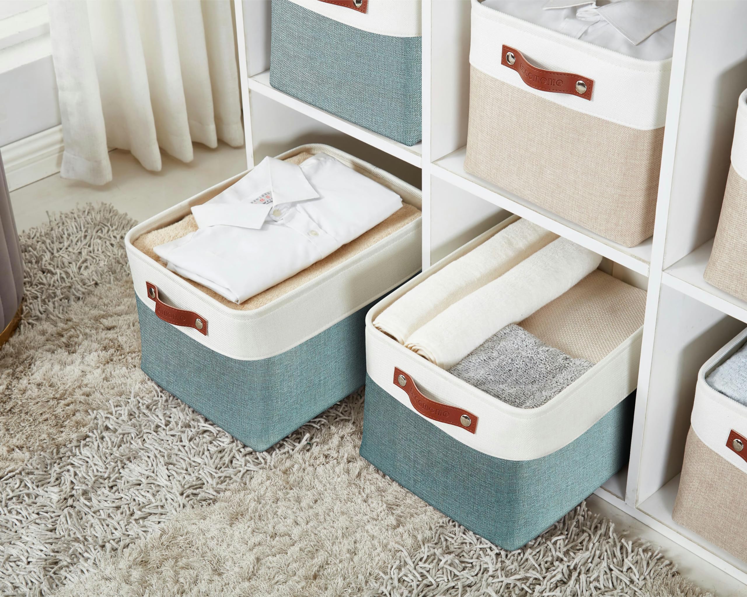 DECOMOMO Fabric Storage Bins - XL 3-Pack Organizing Baskets for Shelves, Closet, Nursery & Toy Storage | Green & White | Perfect for Home Organization & Kids Room Decor