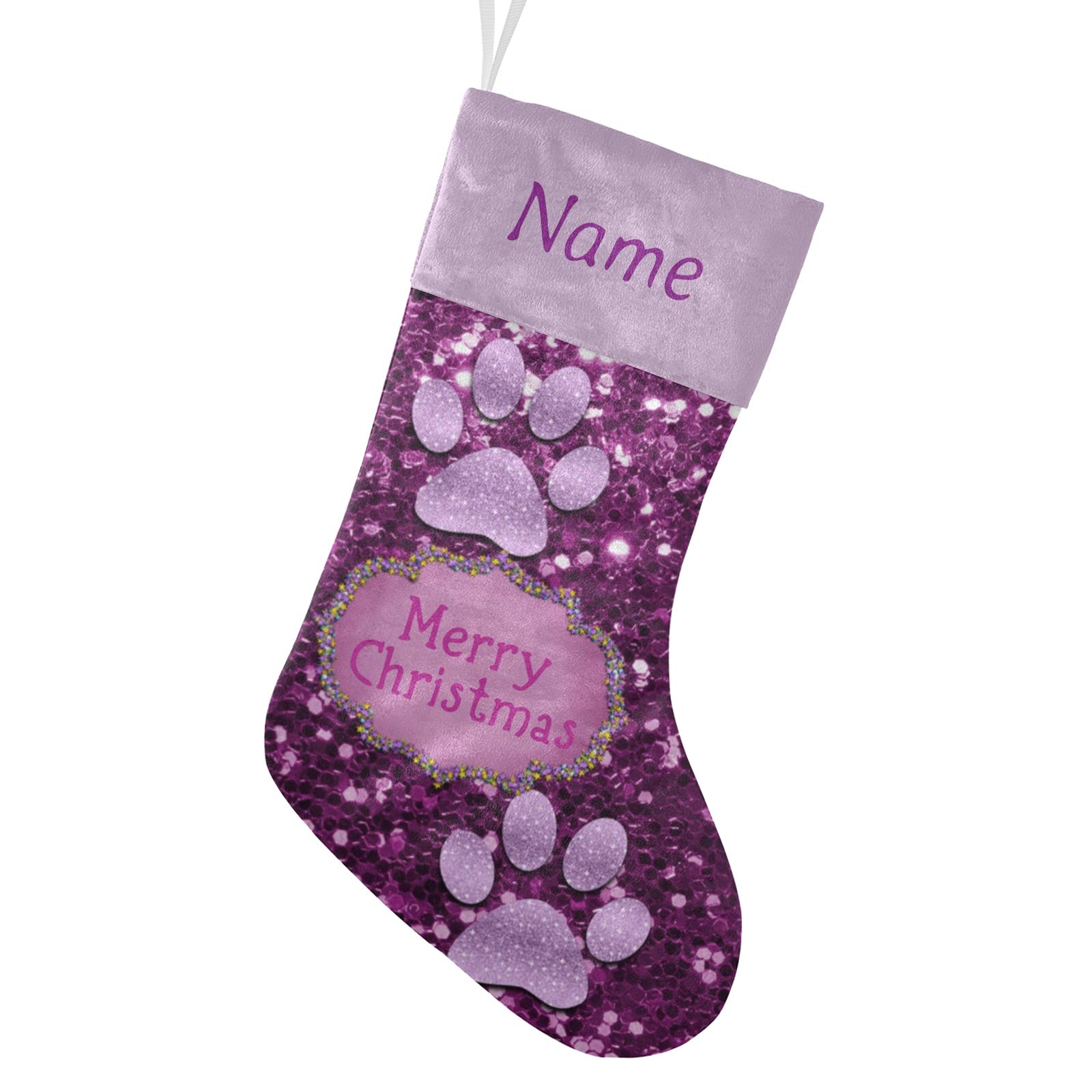 Personalized Christmas Stockings with Name - Purple Paw Bling Print Holiday Decor for Family, Pets & Home (17.52 x 7.87 Inch) - Perfect for Fireplace Mantel, Xmas Tree Decorations & Gift Exchange Parties