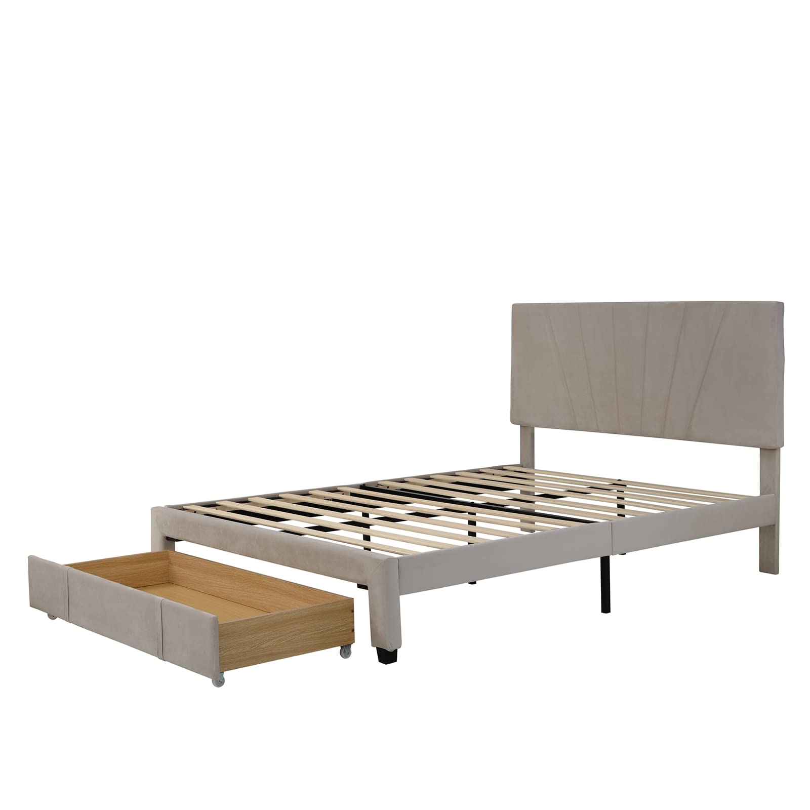 TRIPLE TREE Queen Size Storage Bed Frame - Modern Velvet Upholstered Platform Bed with Adjustable Headboard & Large Drawers | Sturdy Wood Slat Support | No Box Spring Required | Beige Luxury Bedroom Furniture | Perfect for Small Spaces & Master Bedrooms