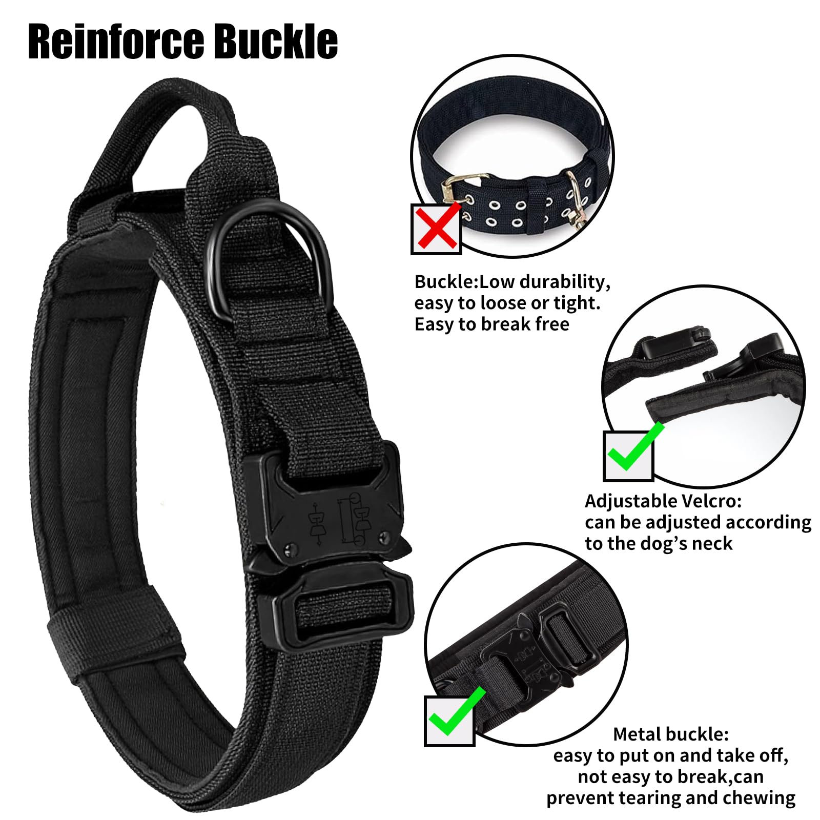 Tactical Dog Collar - Heavy Duty Adjustable Military Grade Nylon Dog Collar with Metal Buckle & Control Handle for Small Medium Large Dogs - Perfect for Training, Outdoor Adventures & Security Work (Black, Size L)