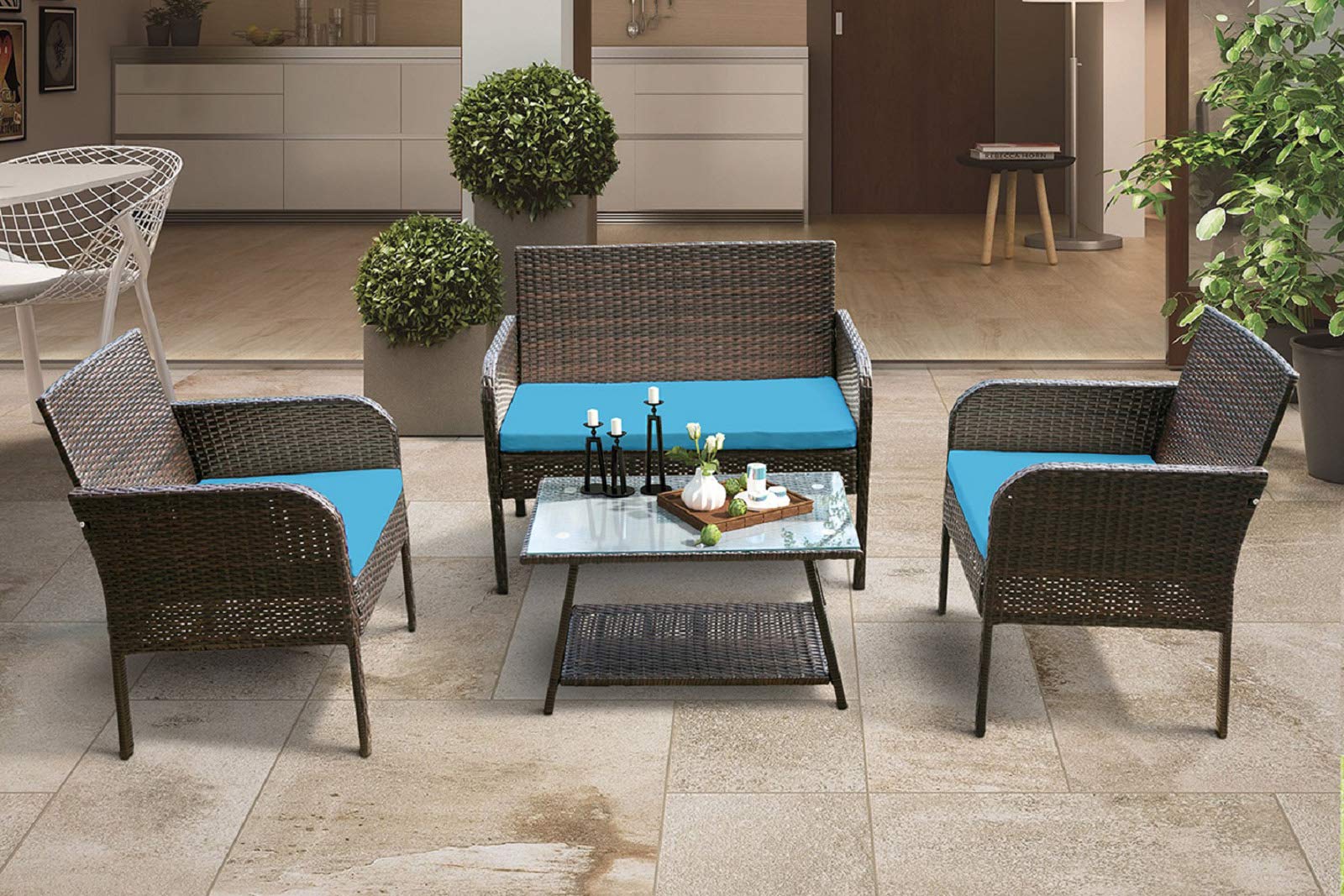 4-Piece Rattan Sofa Set with Cushions - Outdoor Wicker Patio Furniture, Blue - Perfect for Garden, Poolside & Backyard Relaxation