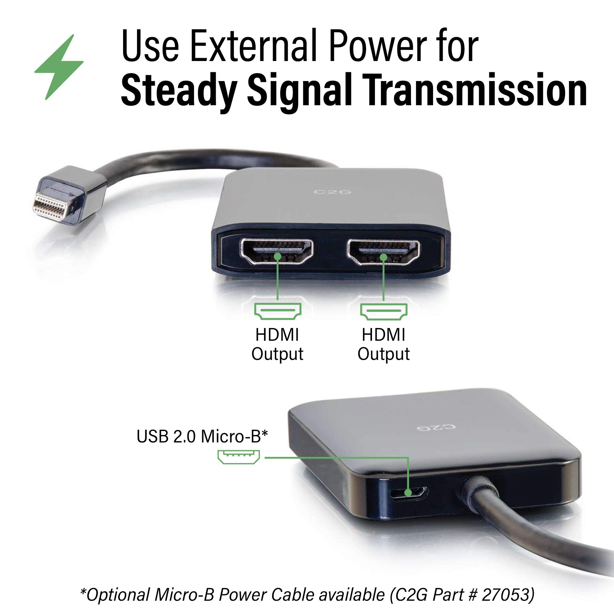 C2G Mini DisplayPort to HDMI 4K Monitor Splitter with 2 Ports & USB Power - MST Support (Not Mac Compatible) - Ideal for Multi-Screen Office Setup & Home Theater Systems - Cables To Go 54292