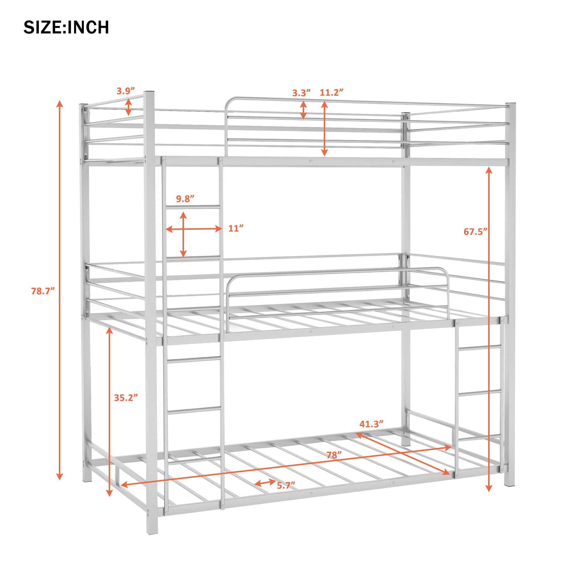 Triple Bed Bunk - Twin Over Twin Over Twin Metal Bunk Bed Frame with Safety Guard Rails & Ladder for Kids/Teens - No Box Spring Needed - Silver & Steel - Perfect for Kids' Bedrooms, Dorm Rooms & Space-Saving Solutions