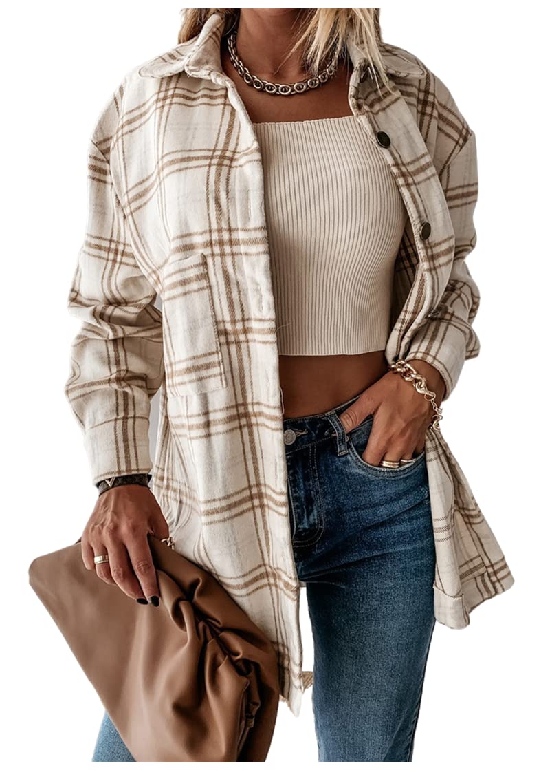 Women's Plaid Shacket - Long Sleeve Oversized Button Down Lapel Shirt Jacket with Pockets | Casual Fall & Winter Outerwear for Work, Travel & Street Style