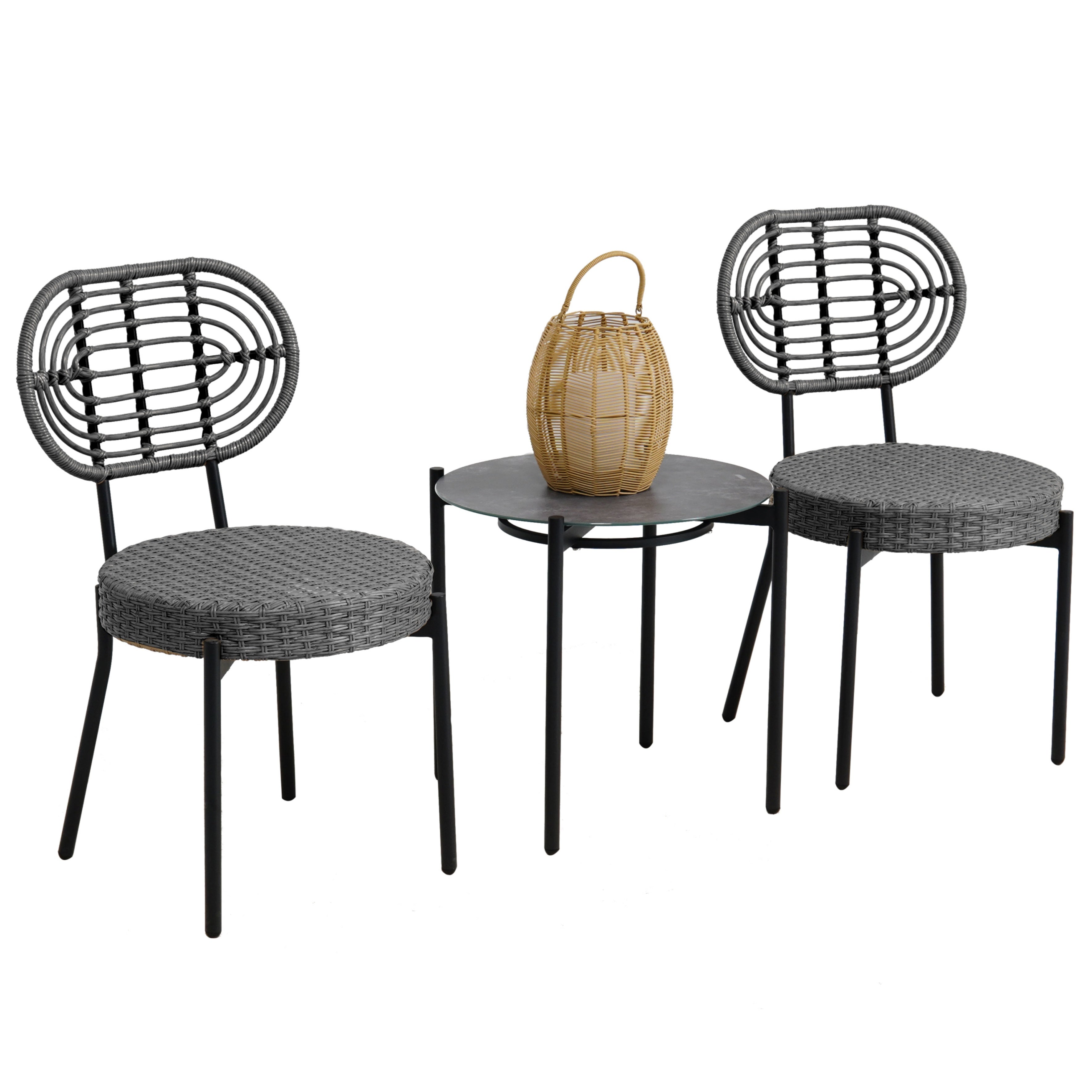 GARVEE 3-Piece Outdoor Patio Bistro Set - Black & Grey Wicker Rattan Chairs with Table - Perfect for Backyard, Deck, Garden & Balcony Relaxation