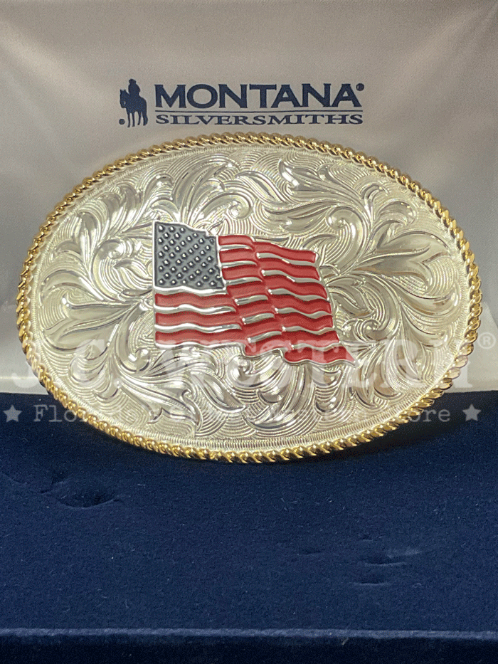 Montana Silversmiths 1256 874L Genuine Silver USA Flag Western Buckle for Cowboy Boots & Jeans - Perfect for Rodeo, Country Music Festivals & Patriotic Events