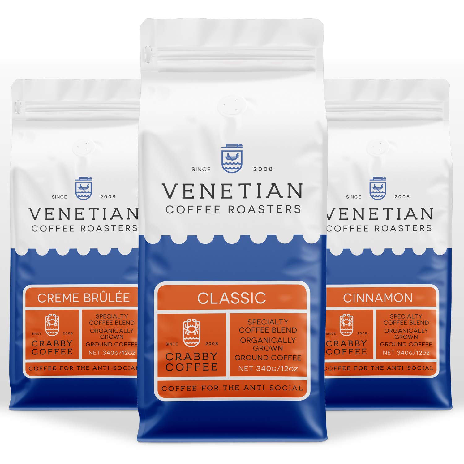 VENETIAN COFFEE ROASTERS Crabby Breakfast Blend Medium Roast Ground Coffee Variety Pack (Creme Brulee, Classic & Cinnamon) - 12oz 3-Pack for French Press, Drip Coffee Maker & Cold Brew - Perfect for Morning Energy & Office Break Time