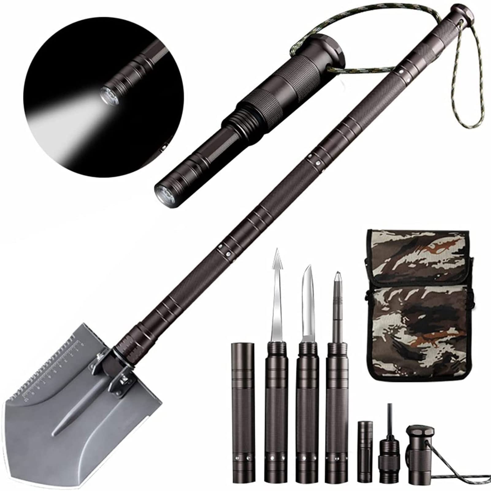 Tactical Survival Shovel with LED Light - Blacklight Camping Shovel, Multitool Folding Shovel for Hiking, Cave Exploration & Outdoor Adventures | Emergency Gear, Survival Tools & Outdoor Equipment for Camping, Backpacking & Wilderness Survival
