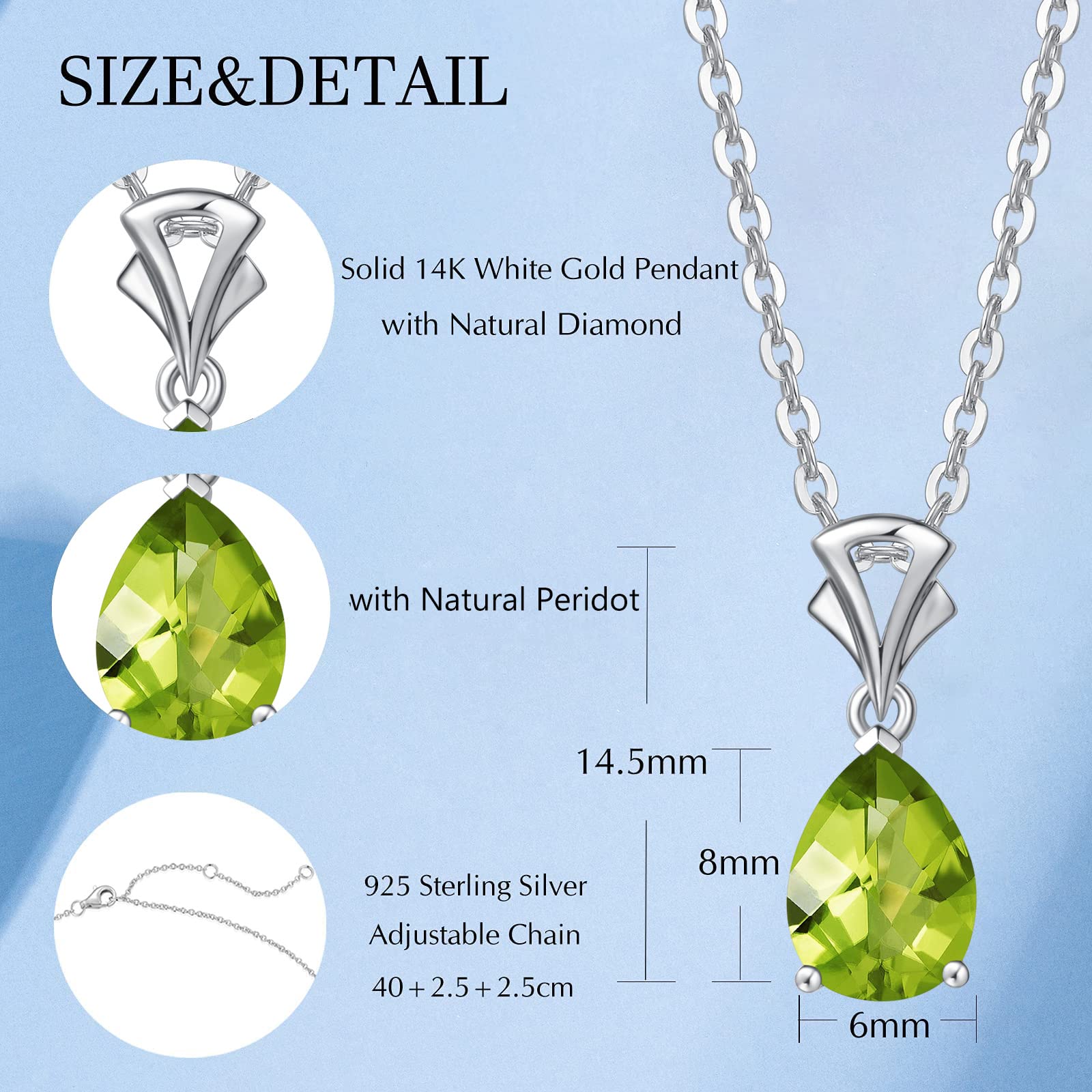 14K Solid White Gold Teardrop Birthstone Pendant Necklace for Women - Personalized Birthday Gift for Mom, Daughter & Girlfriend - 16