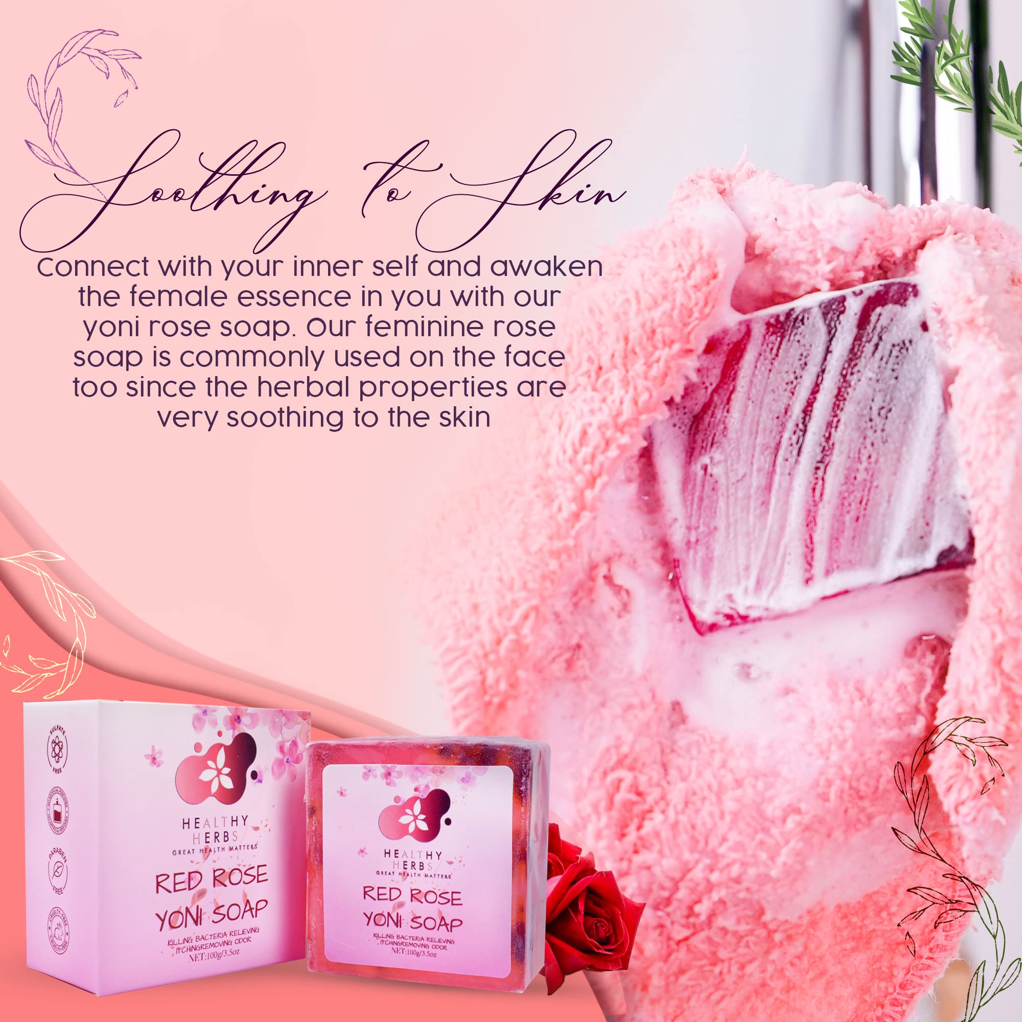 Organic Yoni Soap for Women - 100% Natural Feminine Wash Bar (3.5 oz) with pH Balance | Handmade Herbal Soap with Red Rose Extract | Eliminates Odor & Supports Vaginal Health | Perfect for Daily Intimate Care & Post-Workout Freshness