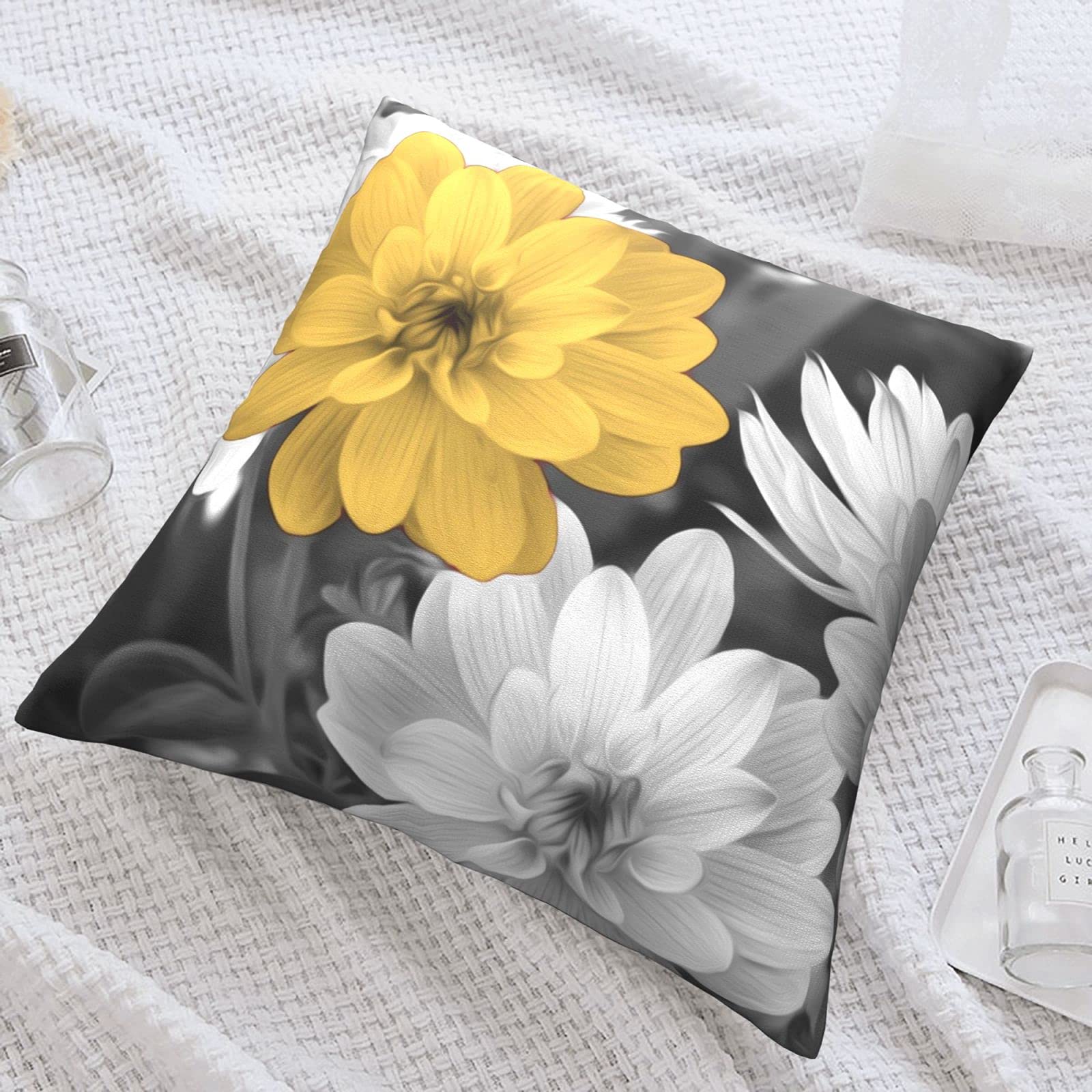 Yellow Grey Velvet Throw Pillow Covers 18x18 Inch - Floral Decorative Cushion Covers for Sofa, Couch & Bed - Cozy Fall Home Decor for Living Room, Bedroom & Dorm