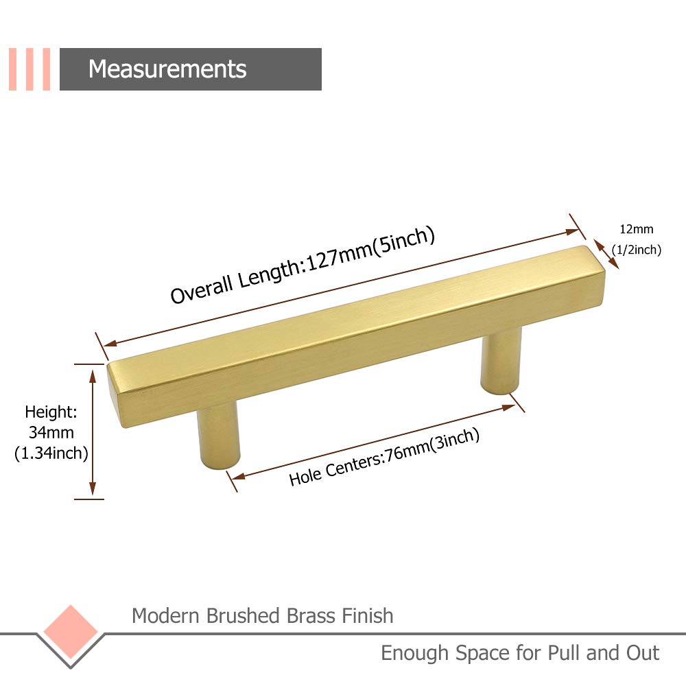 LS1212GD76 Gold Square Cabinet Drawer Pulls - 3 Inch Hole Centers, Stainless Steel Kitchen Cabinet Handles for Closet, Cupboard & Drawers (Pack of 12) - Perfect for Modern Kitchens, Bathrooms & Office Furniture