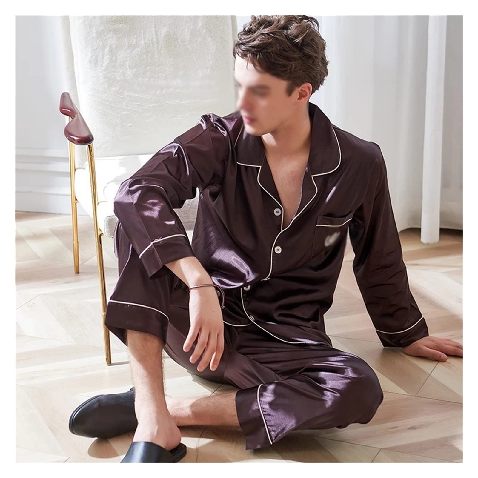 Men's Faux Silk Pajama Set - Long Sleeve Ice Silk Sleepwear for Autumn & Winter - Comfortable XL Loungewear for Relaxing at Home (Color A) - Perfect for Nighttime Comfort, Lounging & Gift Giving