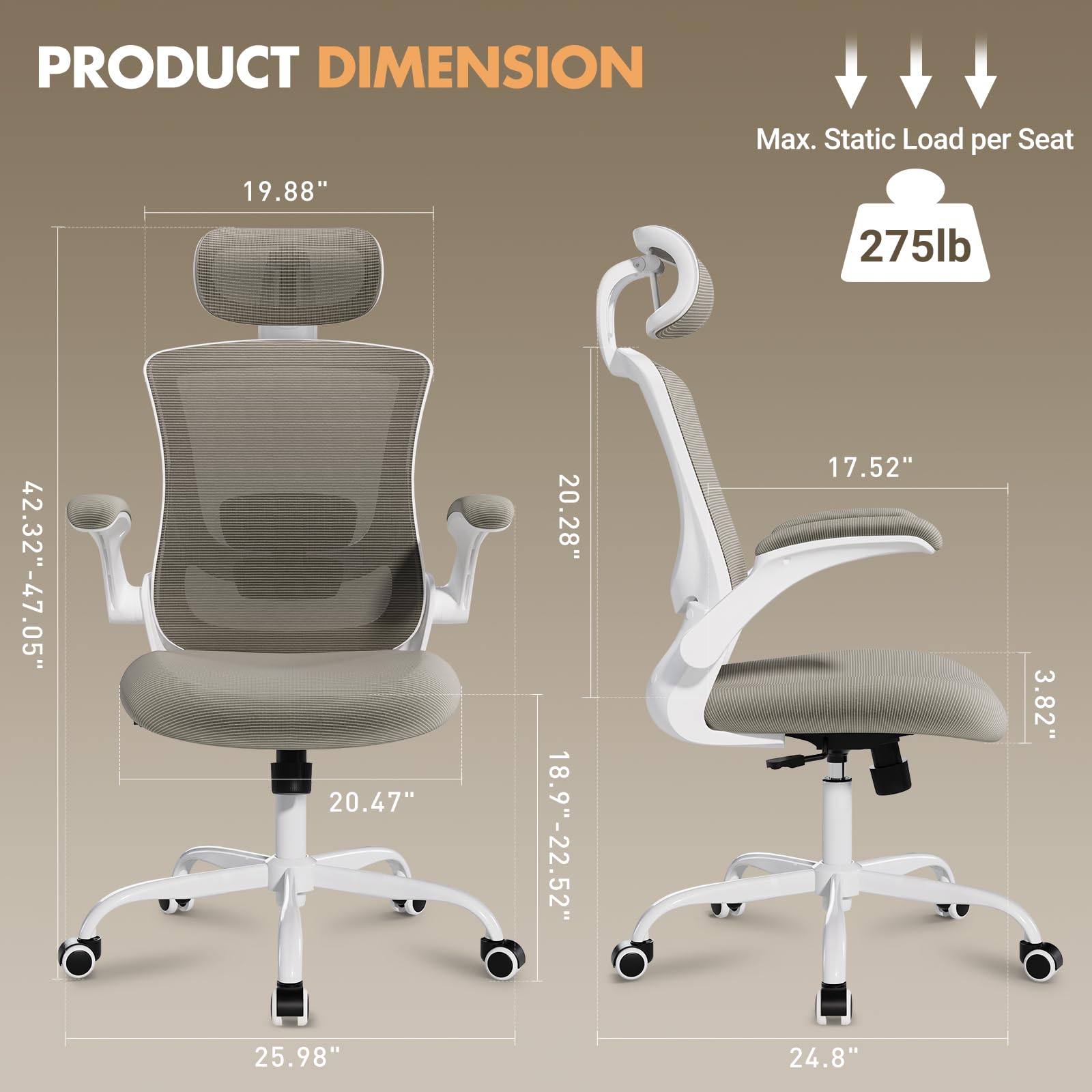 Ergonomic Office Chair with Adjustable Lumbar Support & Headrest - High Back Mesh Computer Desk Chair with Flip-Up Armrests, Breathable & Comfortable for Home Office, Gaming & Study - Perfect for Long Work Hours & Remote Work (Khaki)
