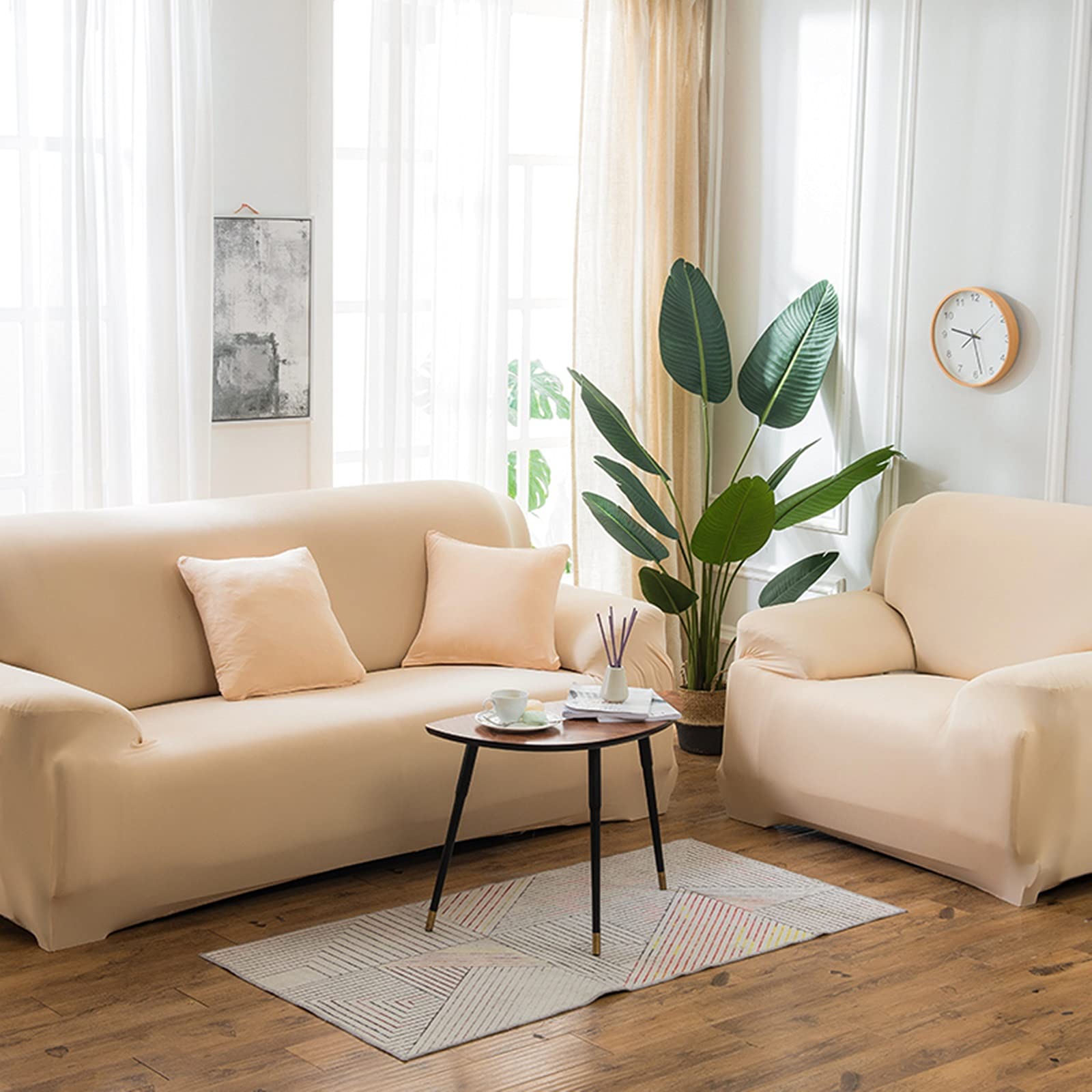 Daesar 2-Seater Sofa Slipcover - Stretchable Beige Polyester Couch Cover for Loveseat & 2-Cushion Sofa | Perfect for Living Room, Apartment & Home Decor Protection