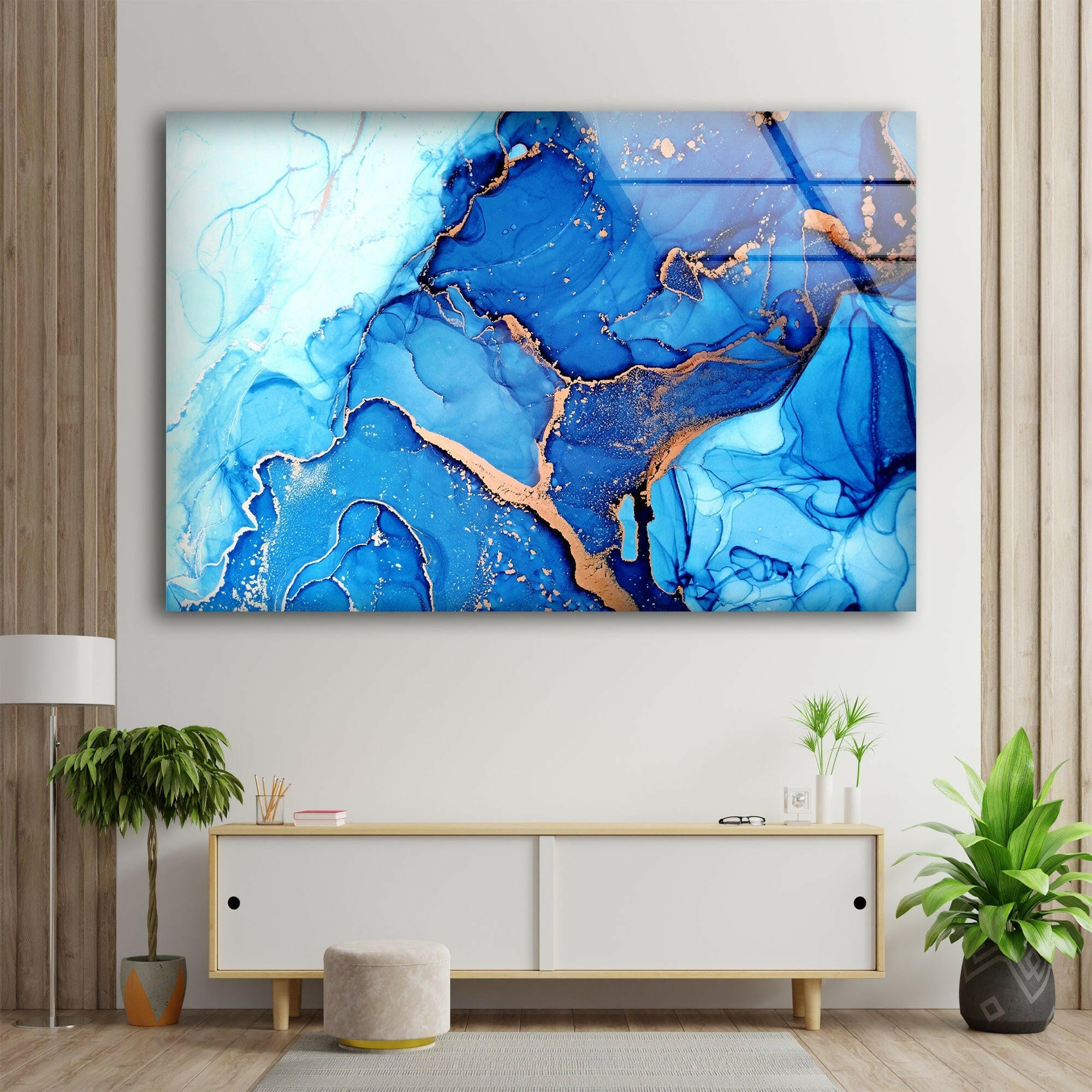 Blue Abstract Liquid Ink Art Glass Wall Decor - Modern Home & Office Decoration for Living Room, Bedroom, or Workspace
