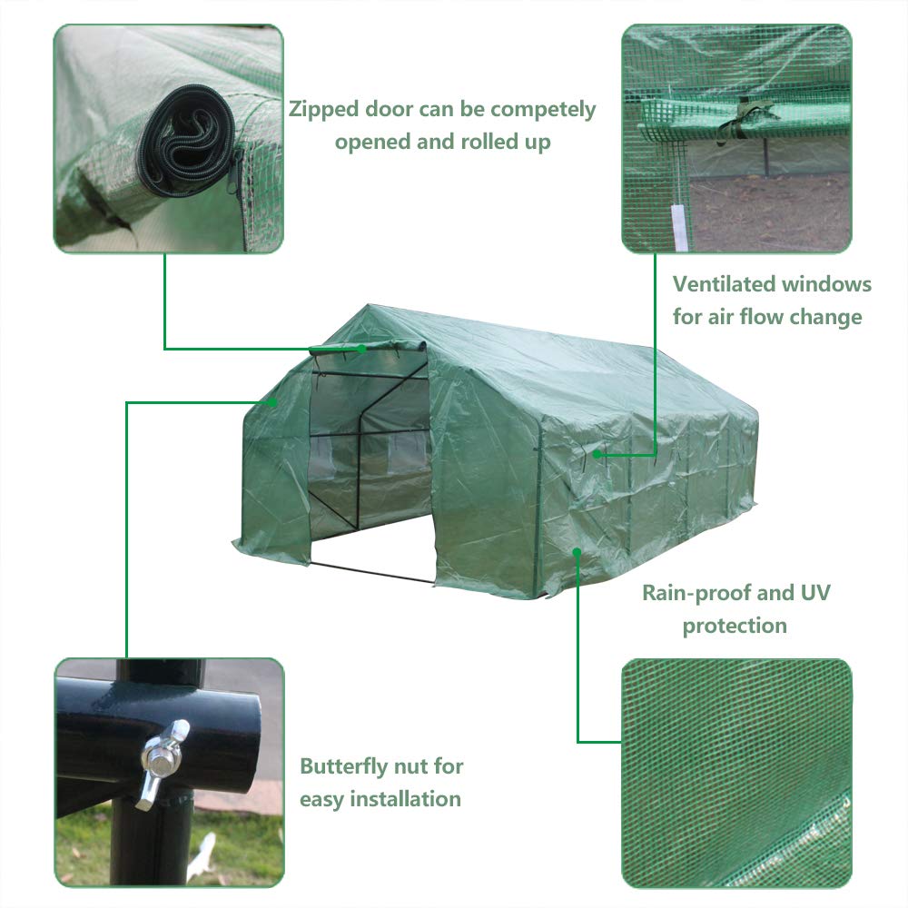 20'x10'x7' Heavy Duty Portable Walk-in Greenhouse - Large Gardening Tent with Zippered Door & 8 Ventilation Windows | Outdoor Plant Protection for Vegetables, Flowers & Seedlings | Perfect for Backyards, Patios & Urban Farming (Green)