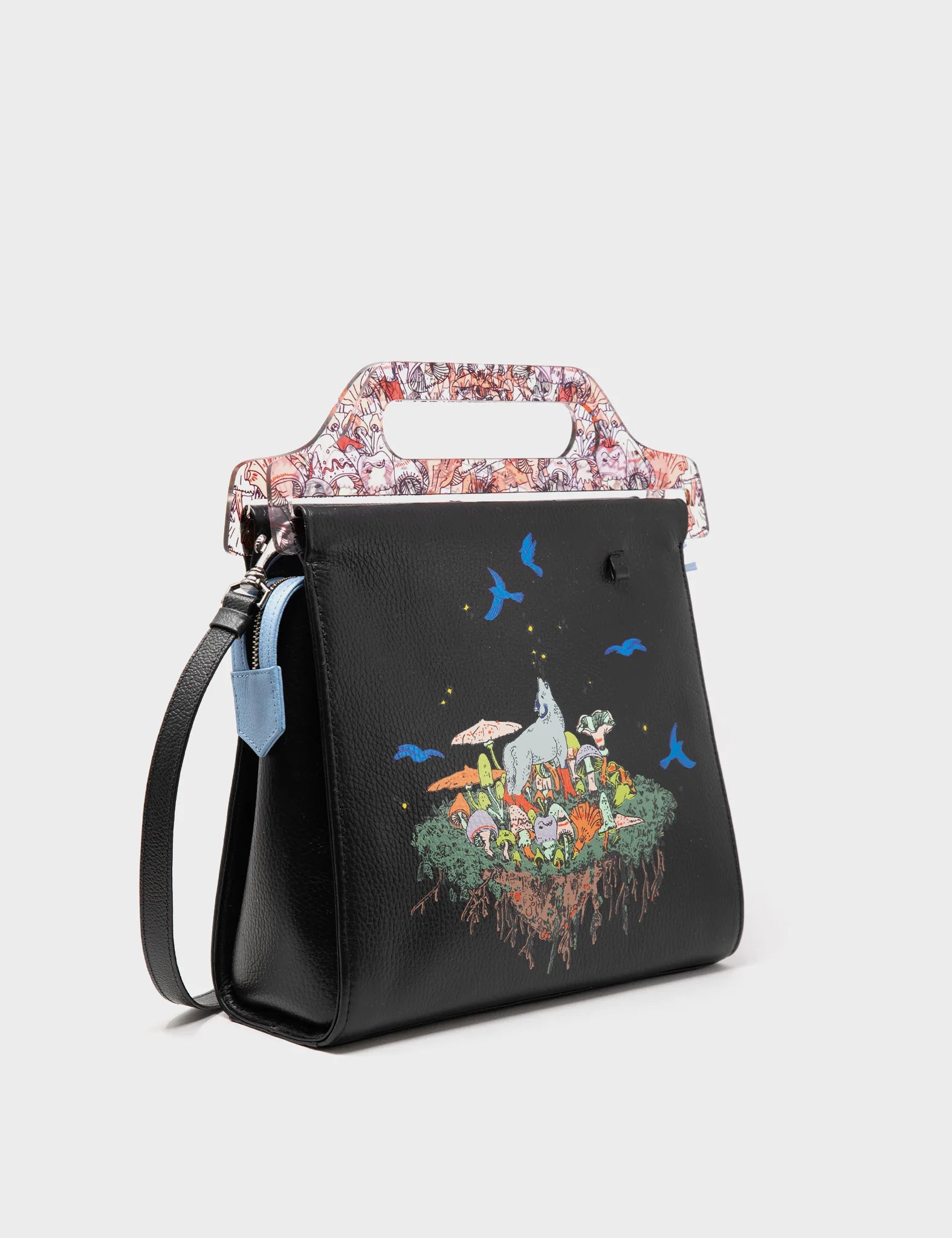 Stylish Manuel Black Leather Crossbody Handbag with Woodlands Print - Perfect for Travel, Shopping & Everyday Use