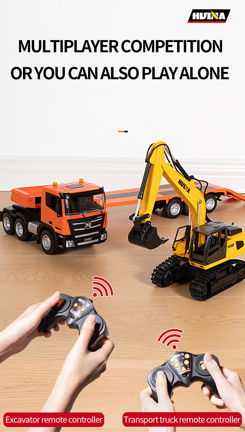 1:18 Huina 2.4G 1319 RC Tractor Truck with Remote Control - RTR Excavator & Flatbed Trailer - Ready to Play - Perfect for Construction Play, Kids Gifts & RC Hobbyists
