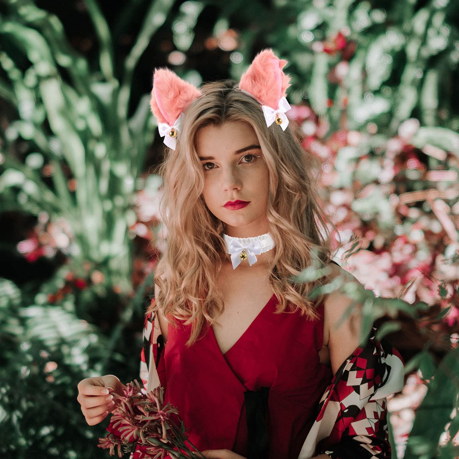Lurrose 8-Piece Plush Cat Ear Headband & Lace Choker Set - Cute Lolita Cosplay Hair Accessories with Bow & Bell for Women & Girls | Perfect for Halloween, Cosplay, Anime Conventions & Themed Parties