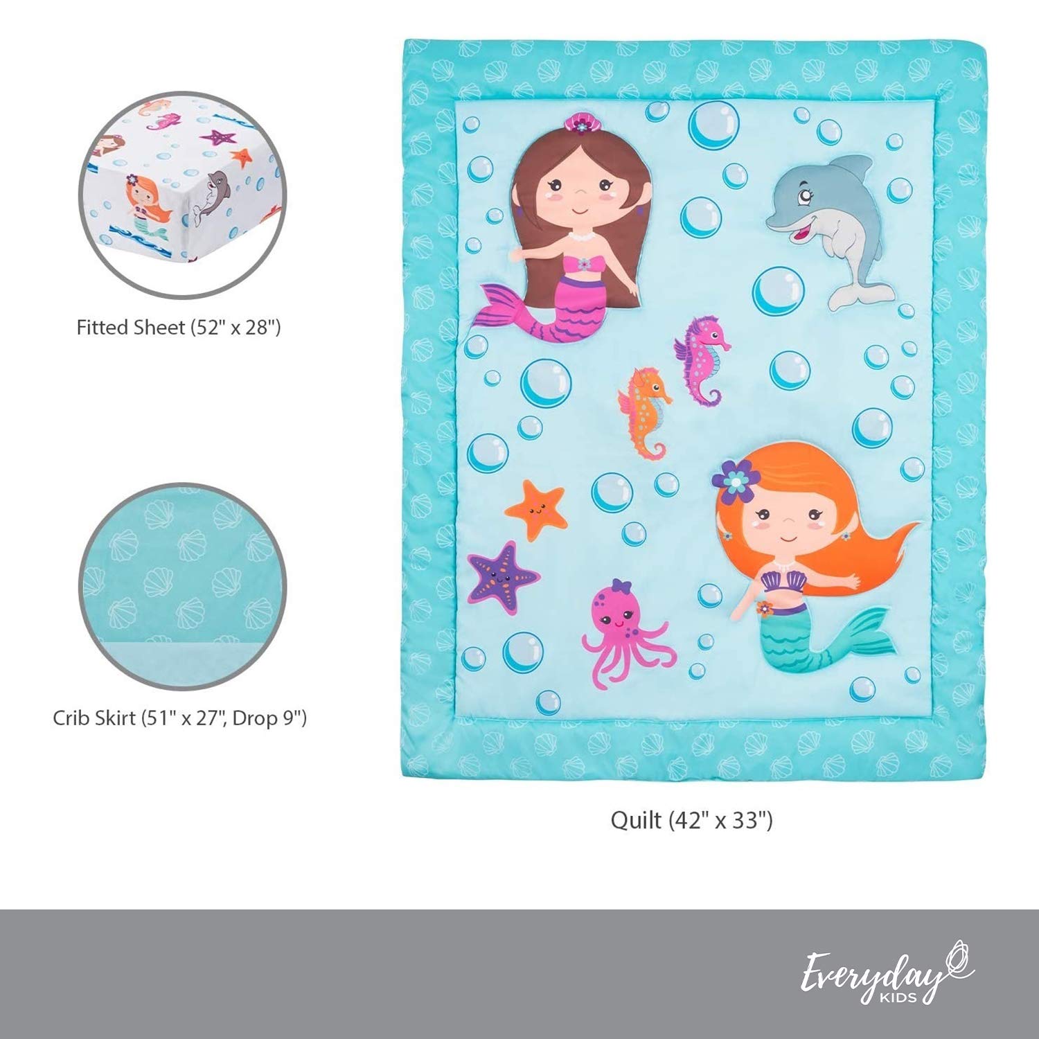 EVERYDAY KIDS 3-Piece Girls Crib Bedding Set - Mermaid Adventures - Soft Quilt, Fitted Sheet & Dust Ruffle - Nursery & Baby Crib Bedding - Perfect for Nursery Decor & Newborn Gift