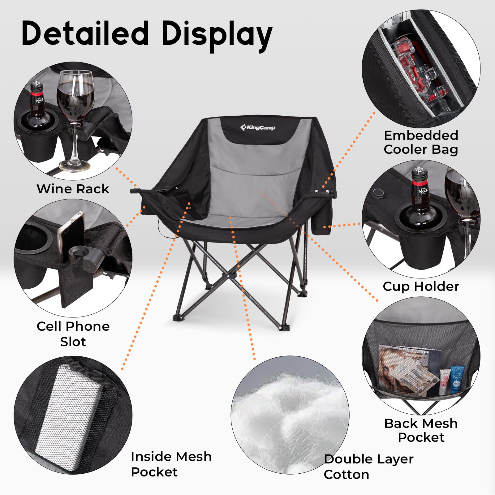 KingCamp Heated Camping Chair with 3 Heat Levels - Oversized Folding Padded Outdoor Chair for Adults, Includes Cooler Bag & Cup Holder (Black/Grey) - Perfect for Camping, Backyard, Fishing & Outdoor Events