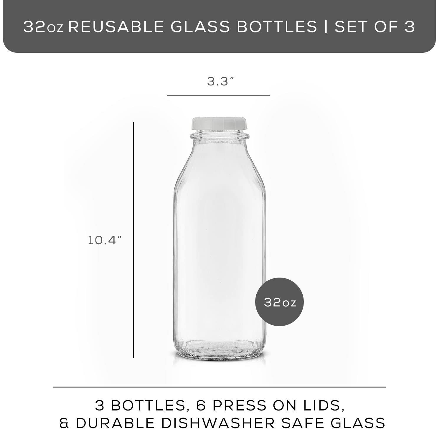 JoyJolt 32 Oz Glass Milk Bottles with Lids & Pourer - 3 Pack Airtight, Leakproof, BPA-Free Food Grade Pitcher | Reusable Heavy Duty Glass Jugs for Milk, Juice, Water | Dishwasher Safe for Kitchen, Restaurant, Camping & Meal Prep