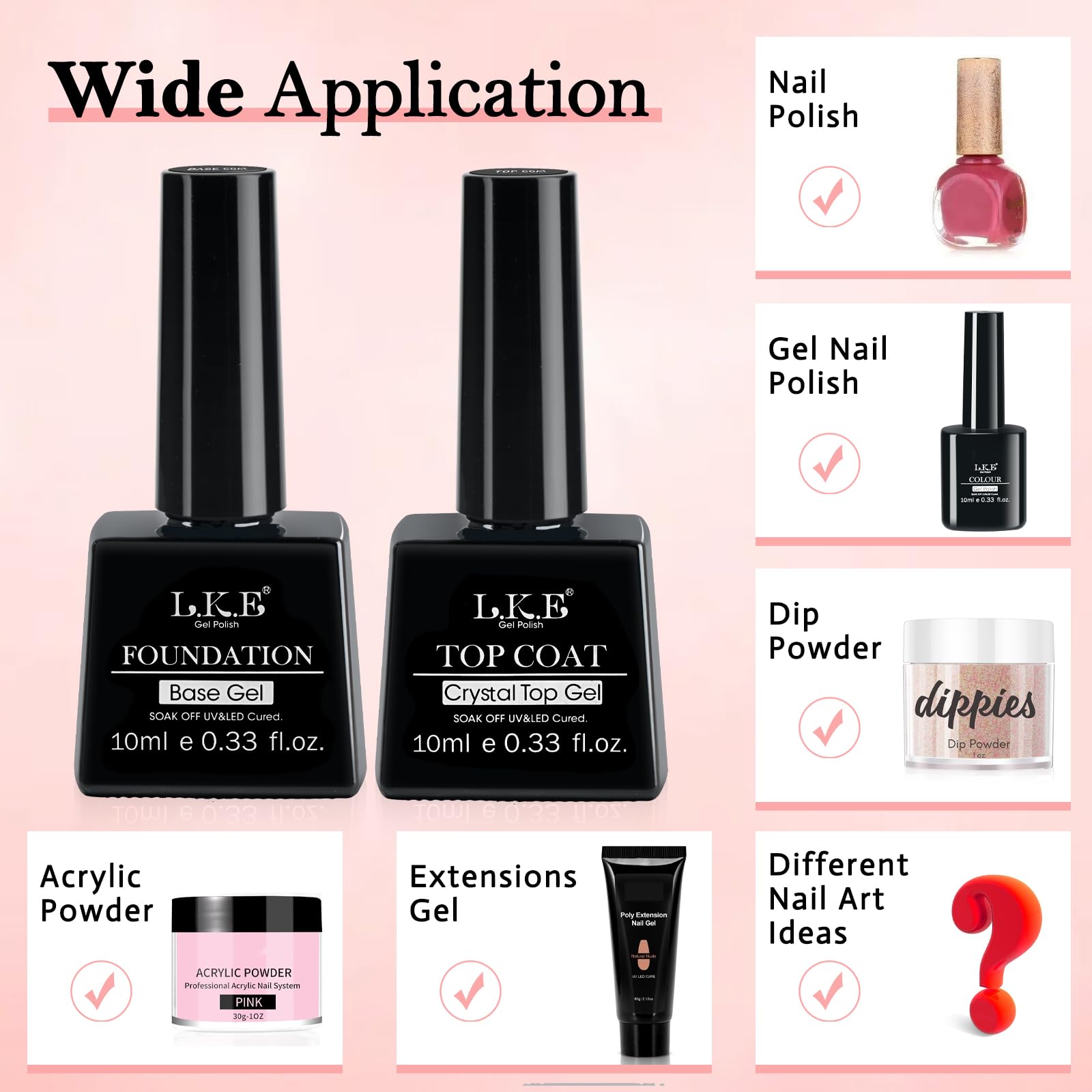 LKE No Wipe Gel Top and Base Coat Set - 2 Pcs Clear Shine Finish, Long Lasting Glossy Gel Base & Top Coat for Gel Nail Polish, Compatible with UV/LED Nail Lamp - Perfect for DIY Nail Art, Home Manicure & Professional Salon Use