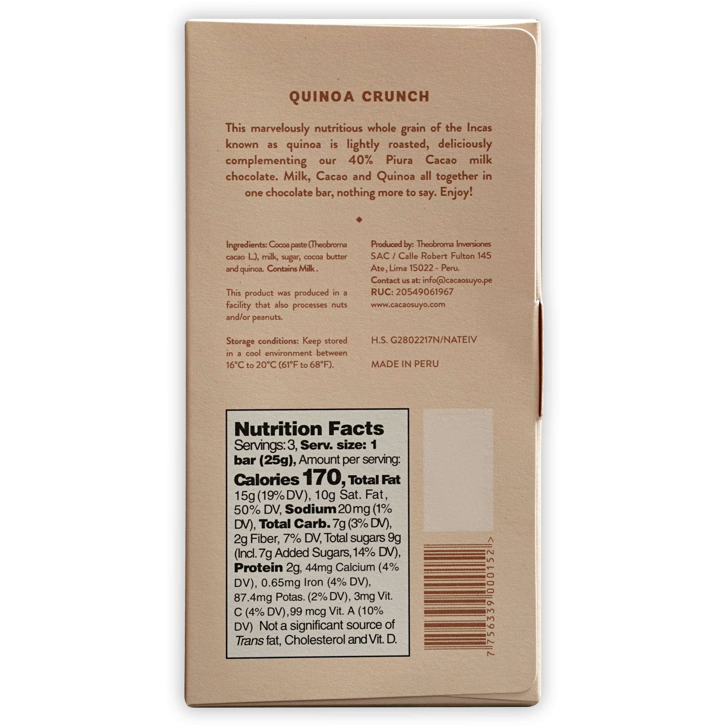 Organic Cacao Milk Quinoa Crunch Dark Chocolate Bar 40% Cocoa - Healthy Snack for Hiking, Office & Gift Giving