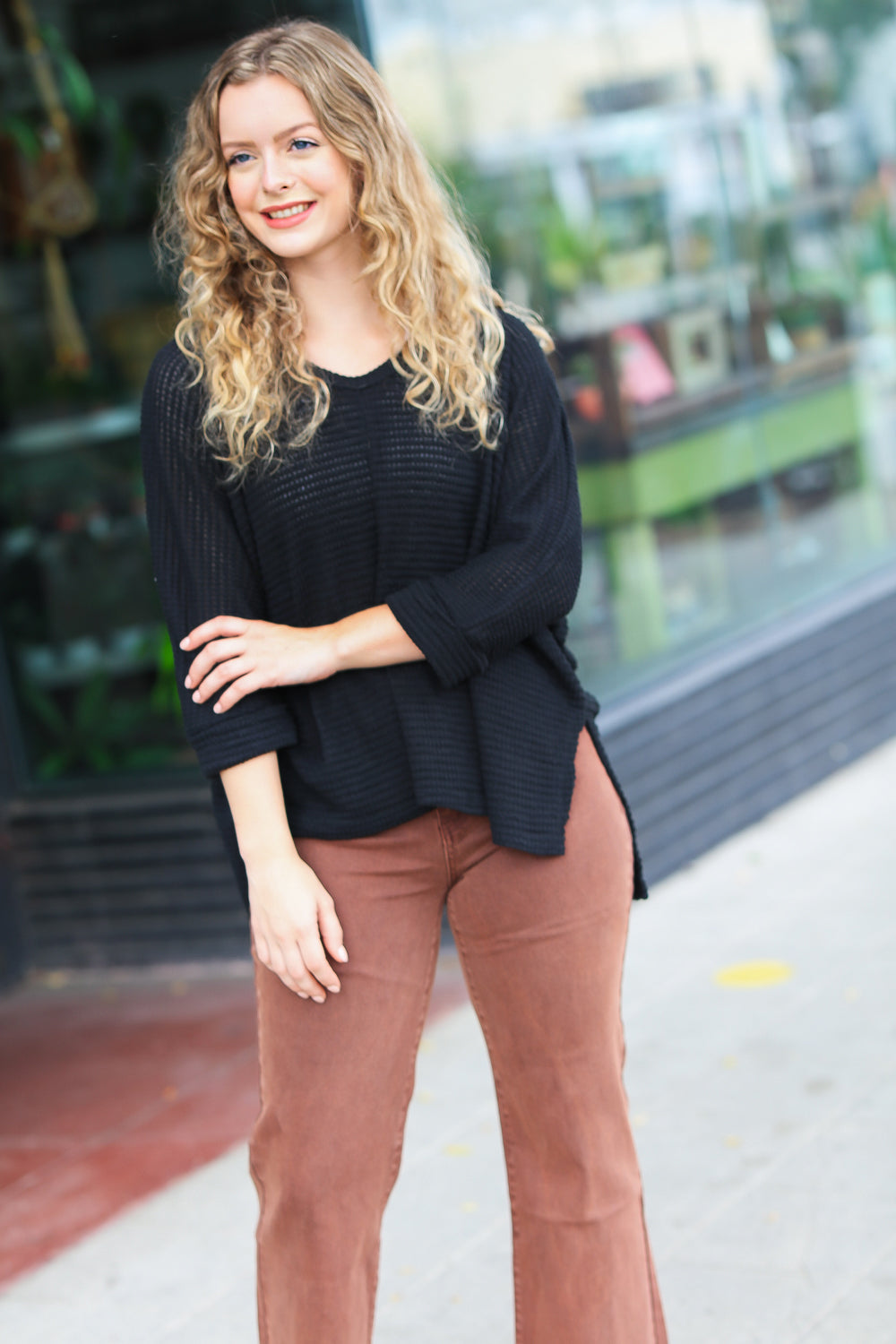 Open Your Mind Black Jacquard Hi-Low V-Neck Sweater for Women | Elegant & Stylish Pullover for Casual Outings, Date Nights & Office Wear