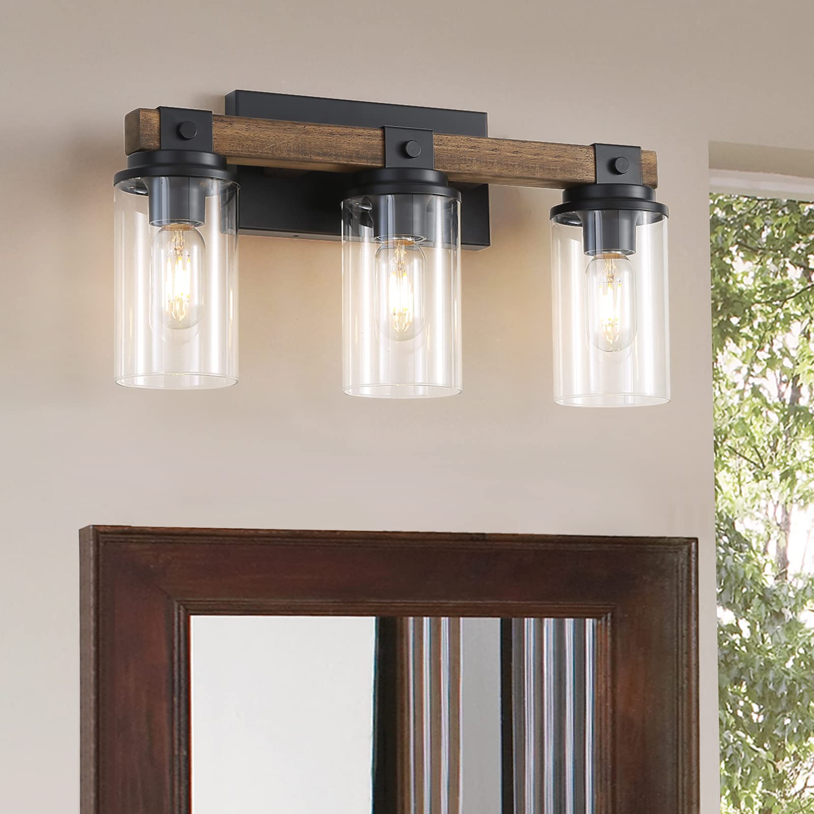 Vintage Farmhouse Bathroom Vanity Light Fixtures - Rustic Wood 3-Light Vanity Mirror Lighting with Clear Glass Shades for Bathroom, Kitchen, Hallway, Bedroom & Living Room - Perfect for Cozy Home Decor and Ambient Lighting