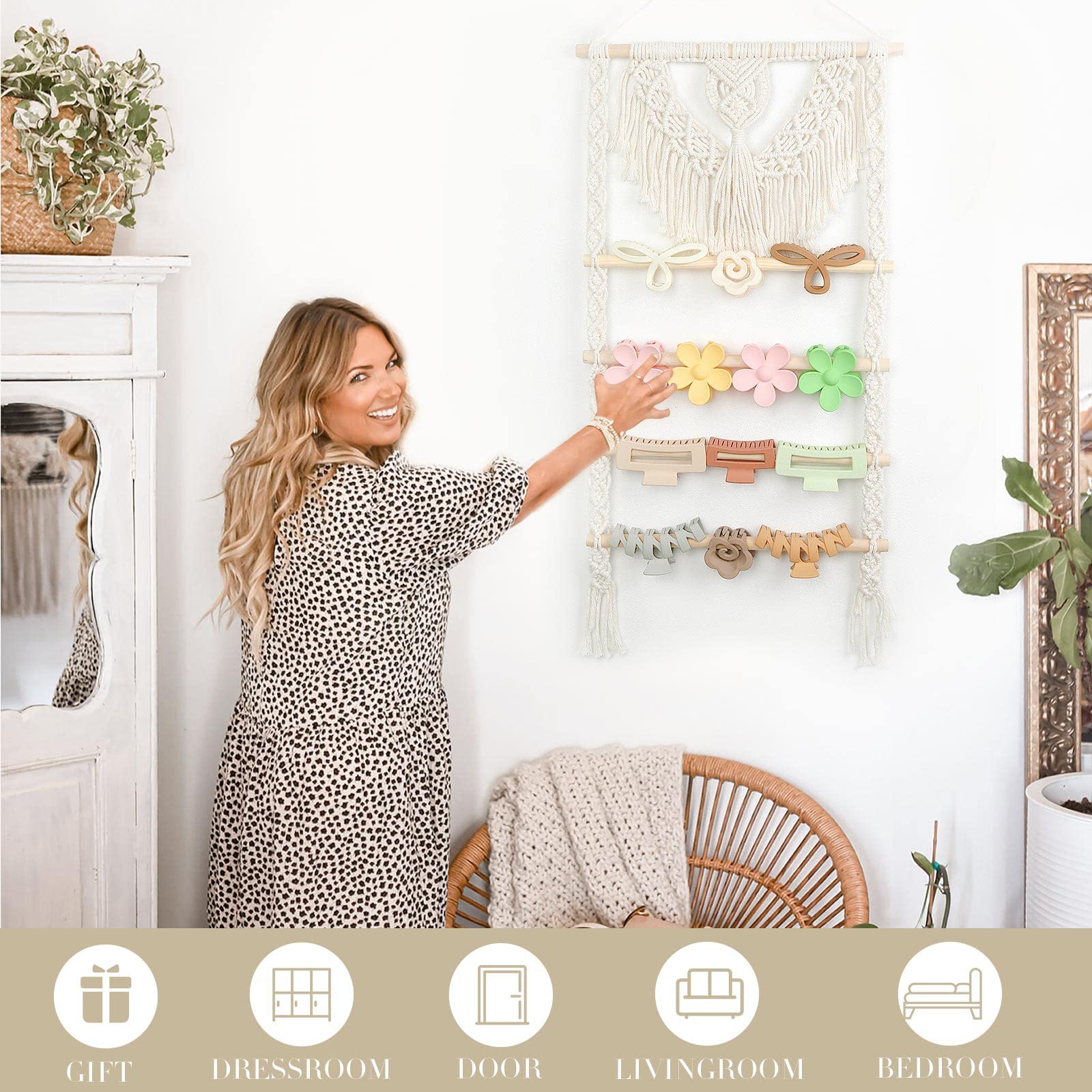 Boho Macrame Hair Claw Clip Organizer - Wall Mounted Hair Accessory Holder for Women & Girls | Perfect for Bedroom, Bathroom, Closet & Door Decor Organization