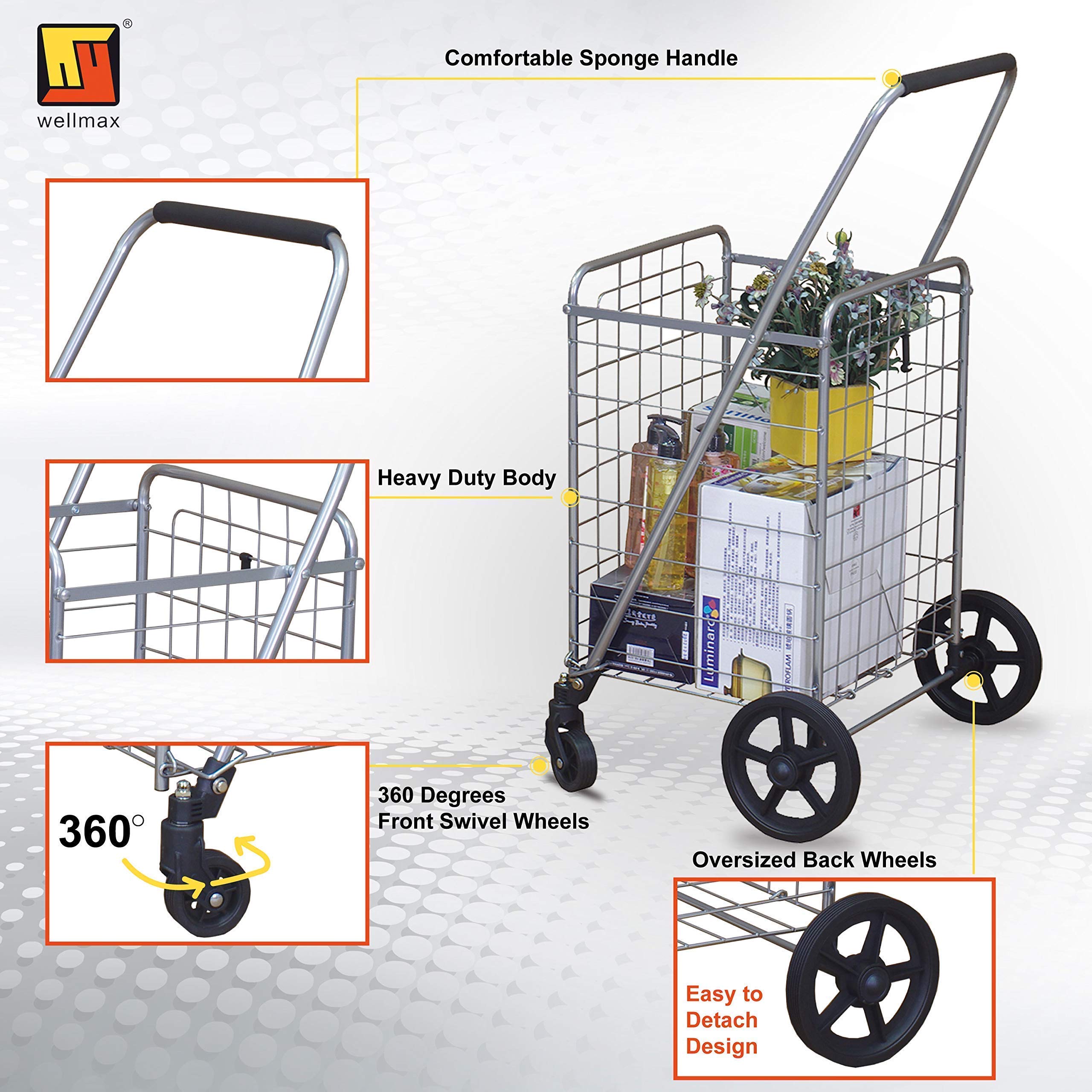 Wellmax WM99024S Heavy Duty Shopping Cart with 360° Swivel Wheels & WM99025S Double Basket Grocery Cart - Perfect for Supermarkets, Warehouse Stores & Home Use